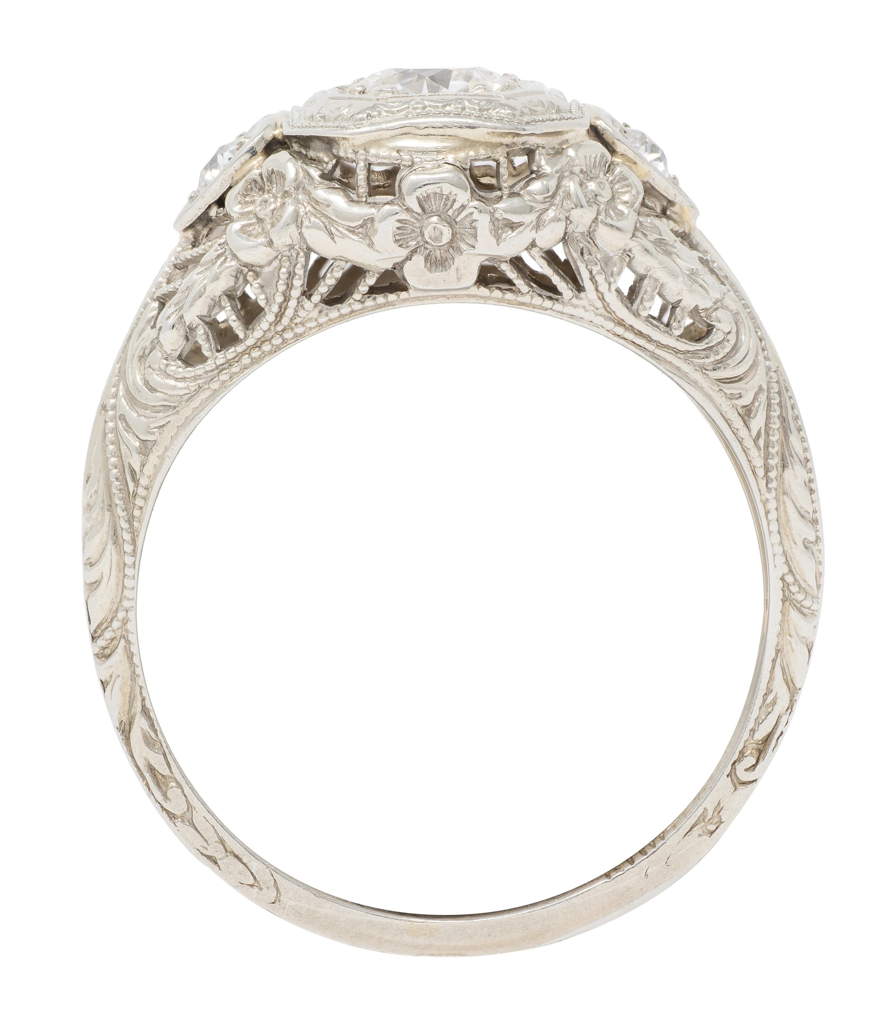 Art Deco Old European Diamond 18K White Gold Antique Heart Engagement Ring