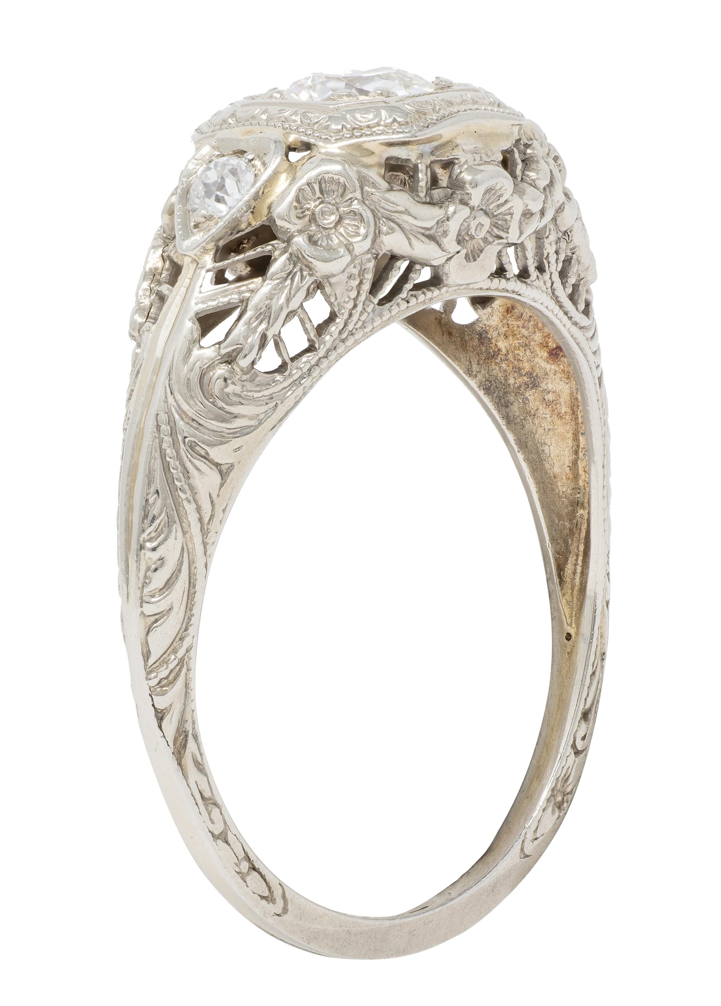 Art Deco Old European Diamond 18K White Gold Antique Heart Engagement Ring