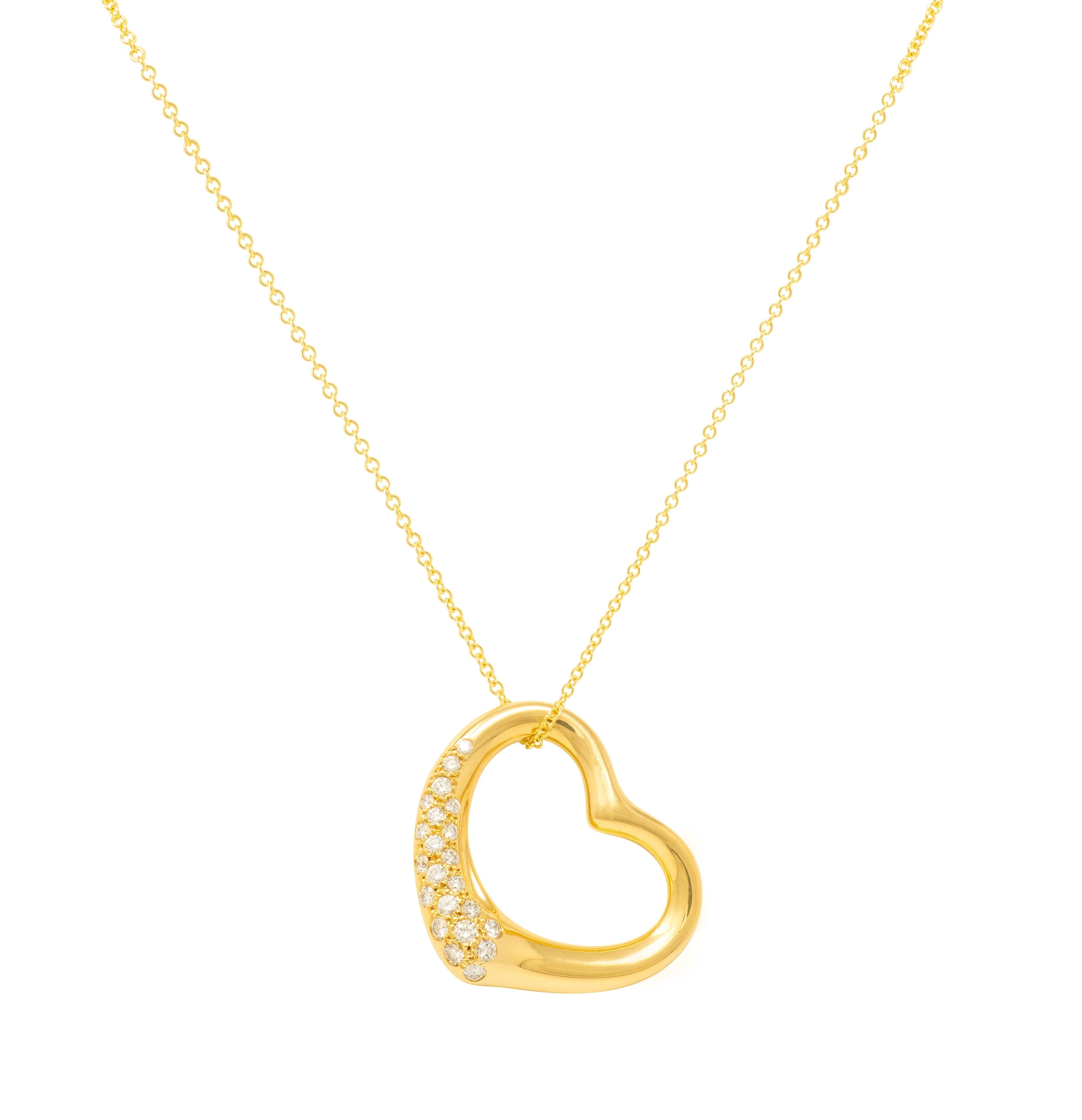 Tiffany & Co. Elsa Peretti Diamond 18K Gold Open Heart Pendant Necklace