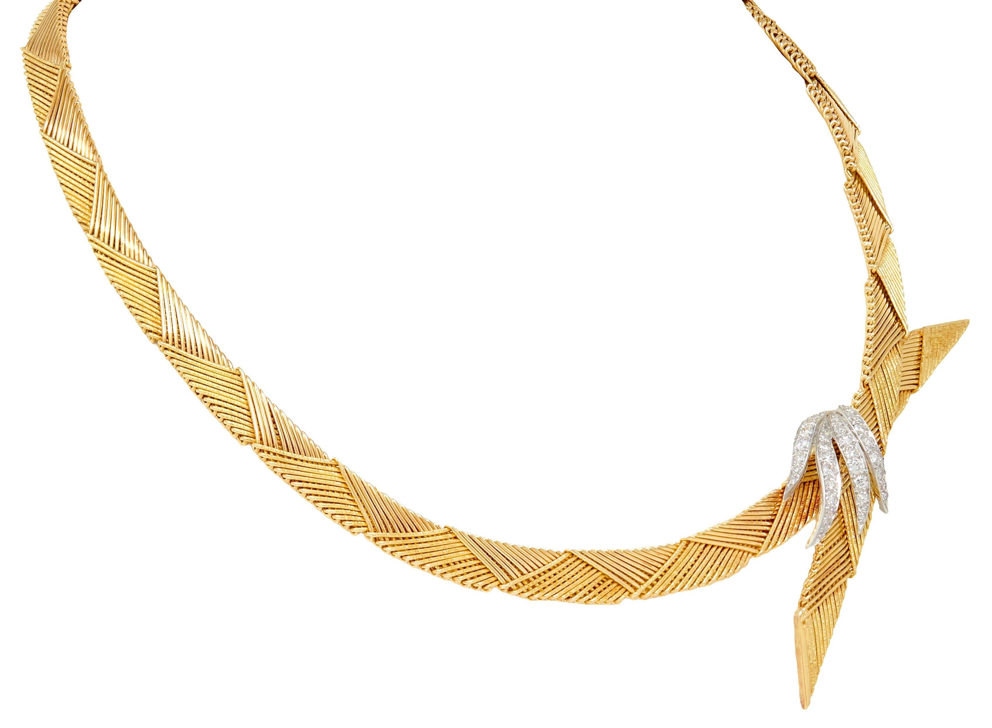 French Diamond 18 Karat Yellow Gold Platinum Vintage Bypass Spray Necklace