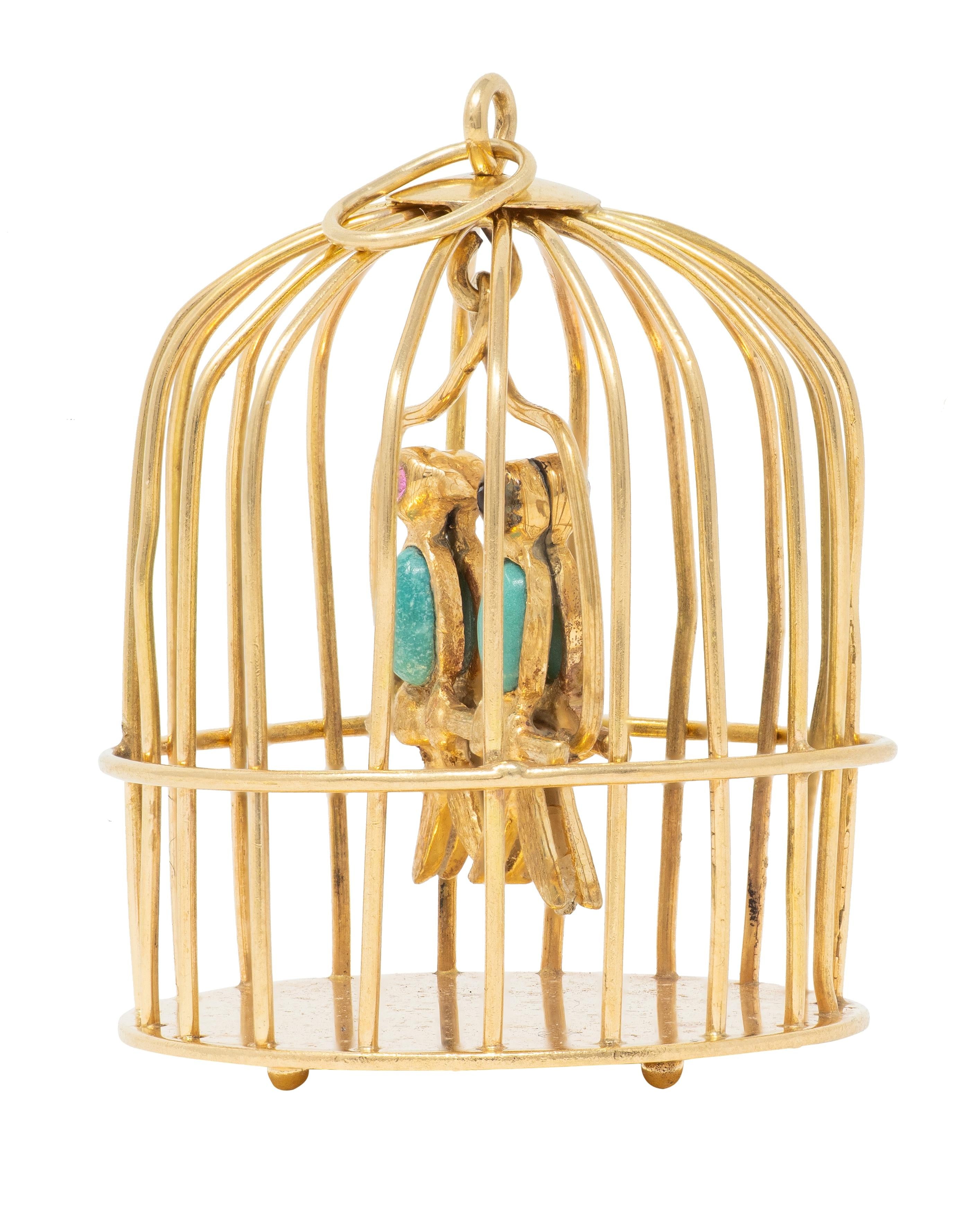 1960's Turquoise Multi-Gem 14 Karat Yellow Gold Vintage Caged Lovebirds Pendant