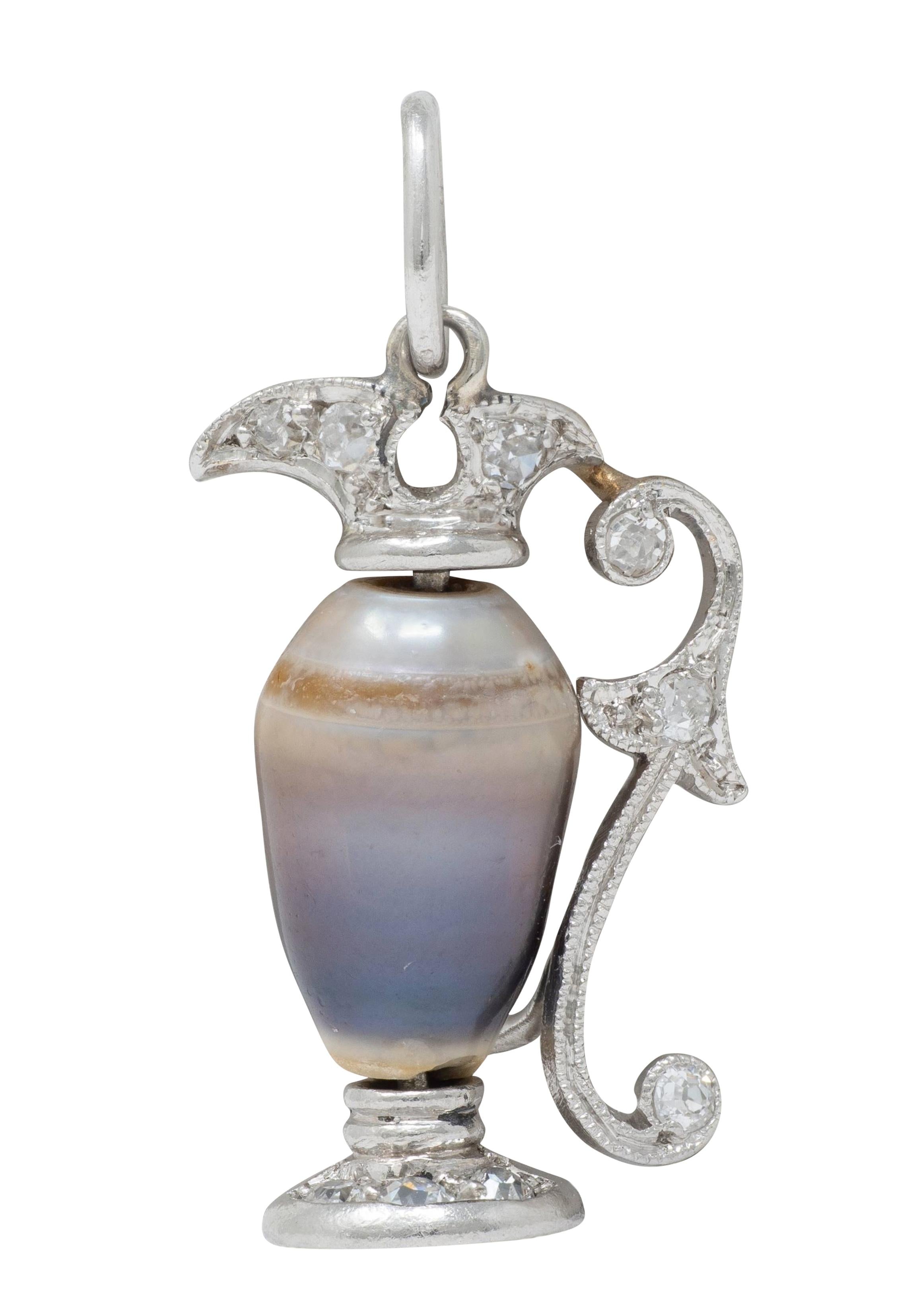 Early Art Deco Baroque Pearl Diamond Platinum 18K Gold Antique Pitcher Charm