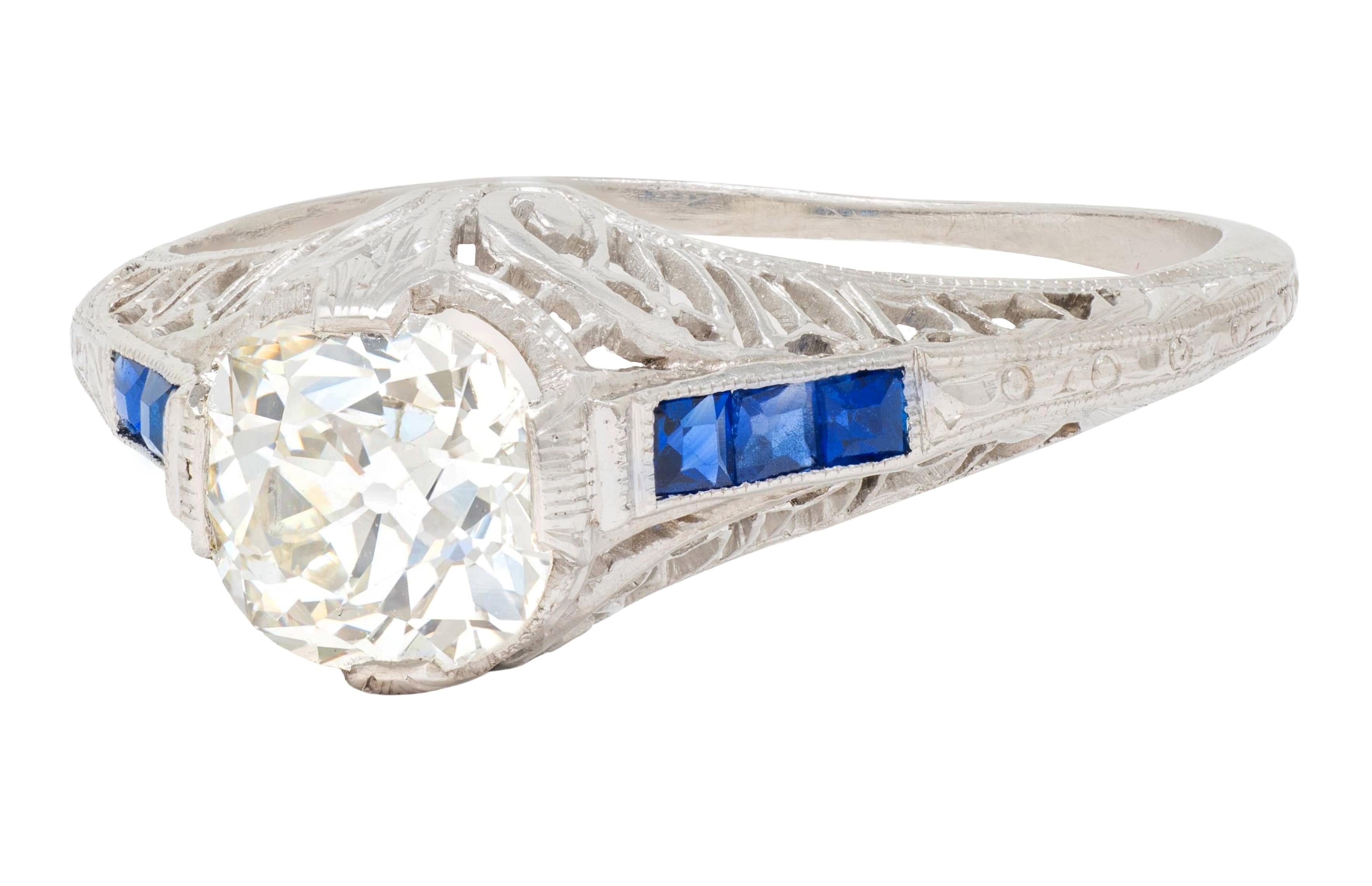Art Deco 1.52 CTW Old Mine Cut Diamond Sapphire Platinum Vintage Engagement Ring