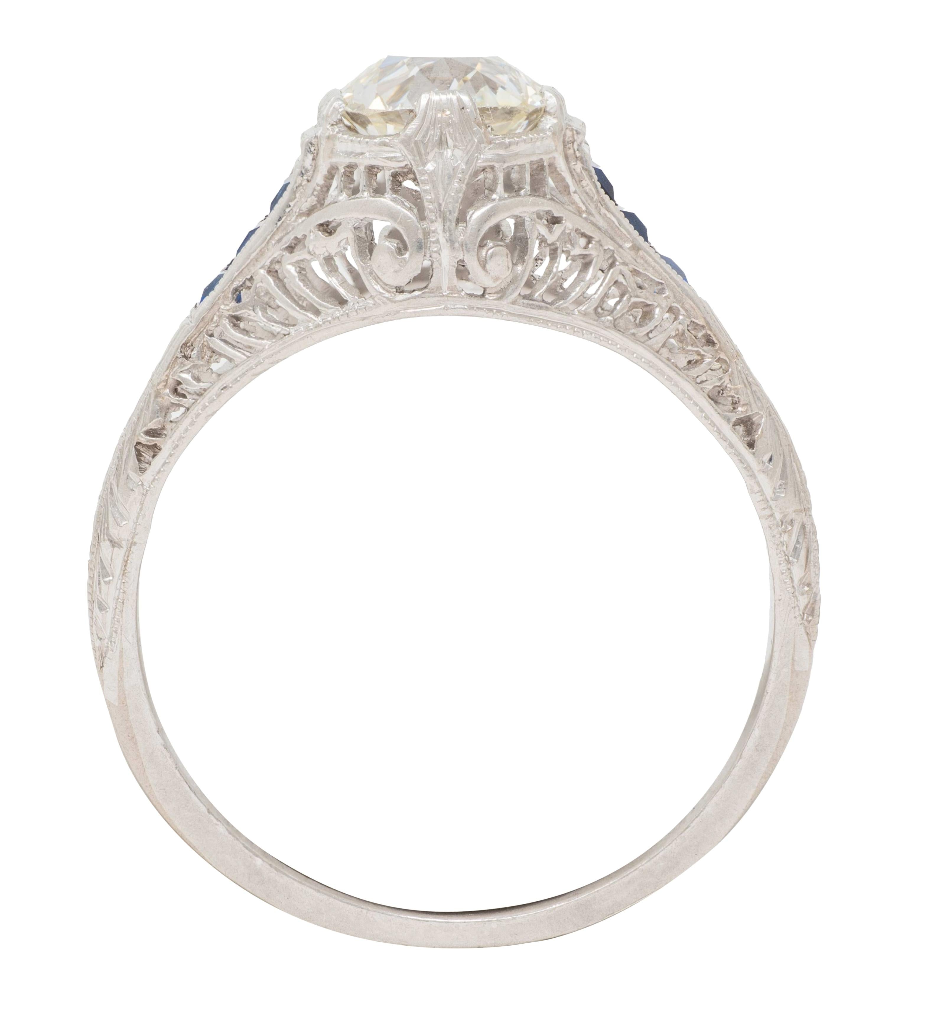 Art Deco 1.52 CTW Old Mine Cut Diamond Sapphire Platinum Vintage Engagement Ring