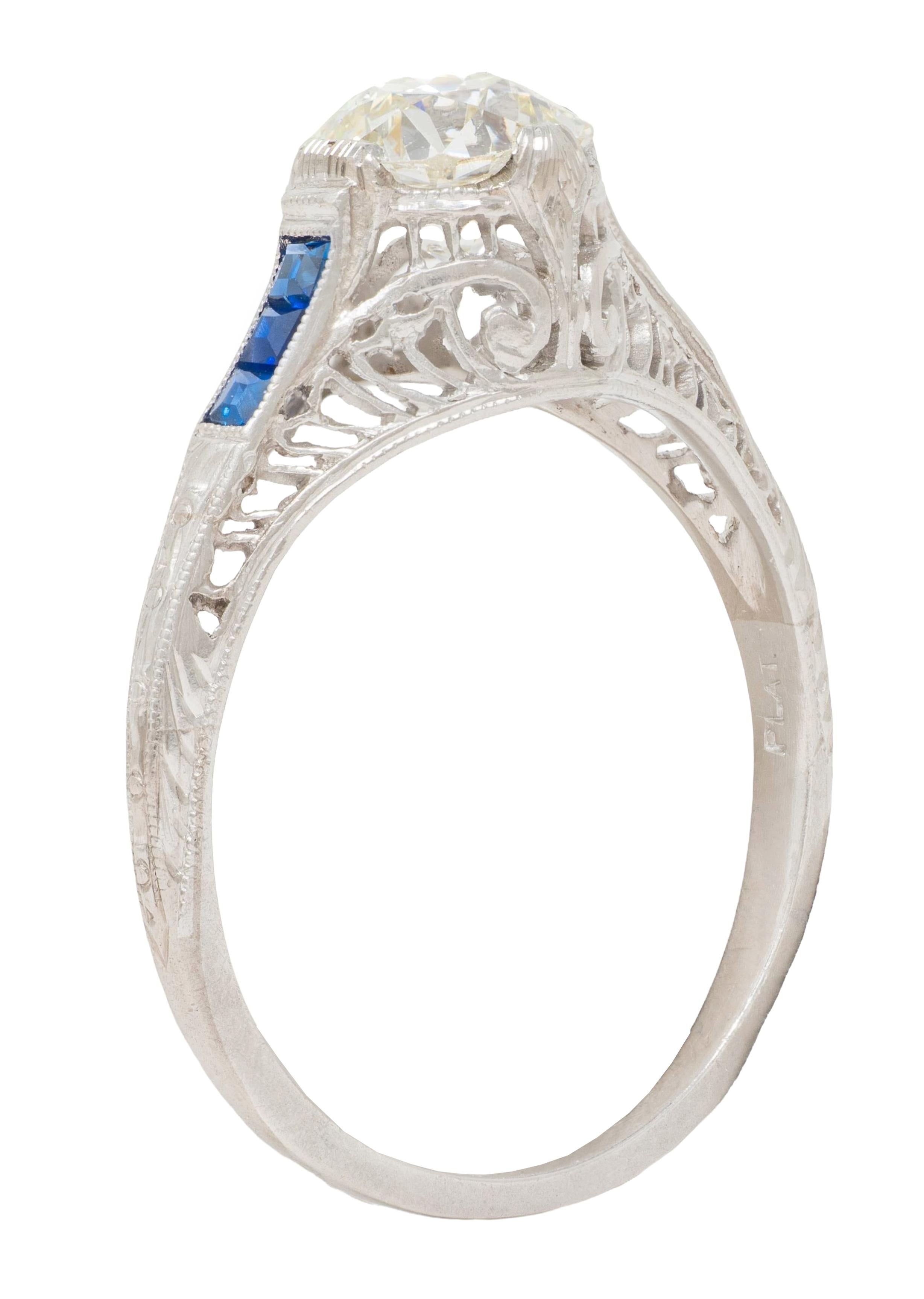 Art Deco 1.52 CTW Old Mine Cut Diamond Sapphire Platinum Vintage Engagement Ring