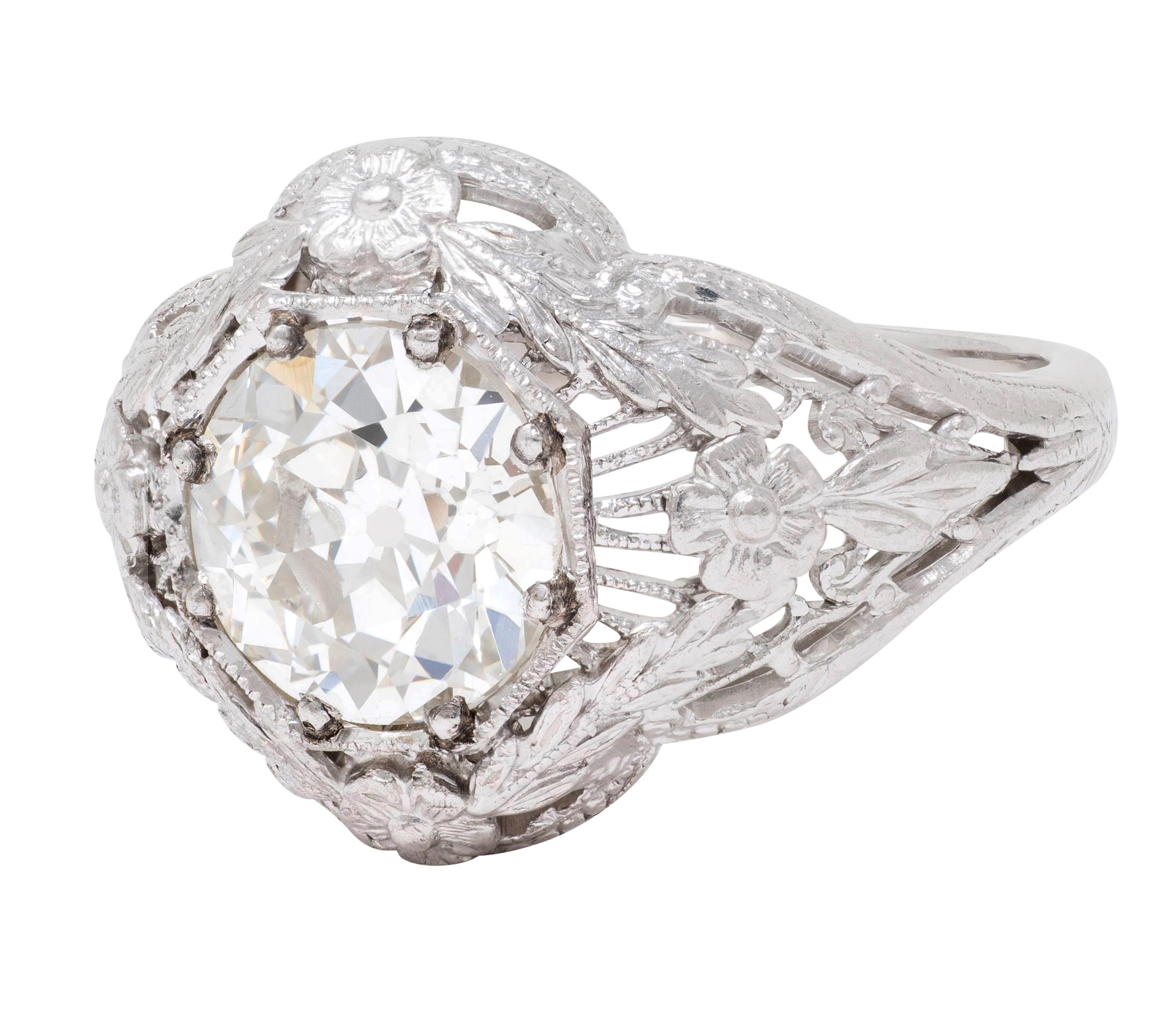 Art Deco Old European Cut Diamond 18K White Gold Floral Vintage Engagement Ring