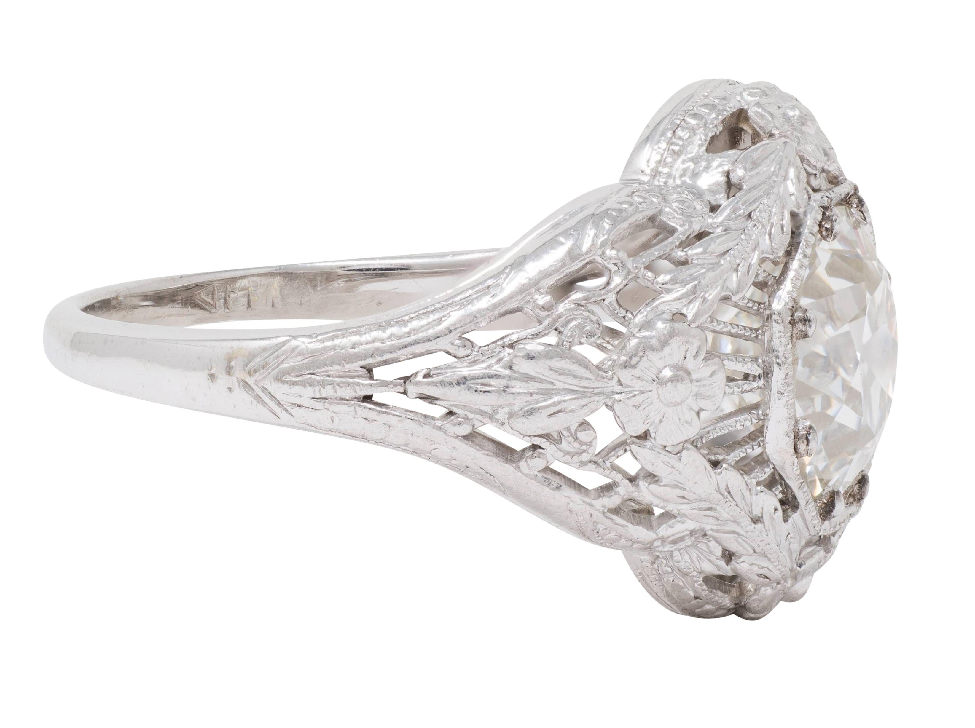 Art Deco Old European Cut Diamond 18K White Gold Floral Vintage Engagement Ring