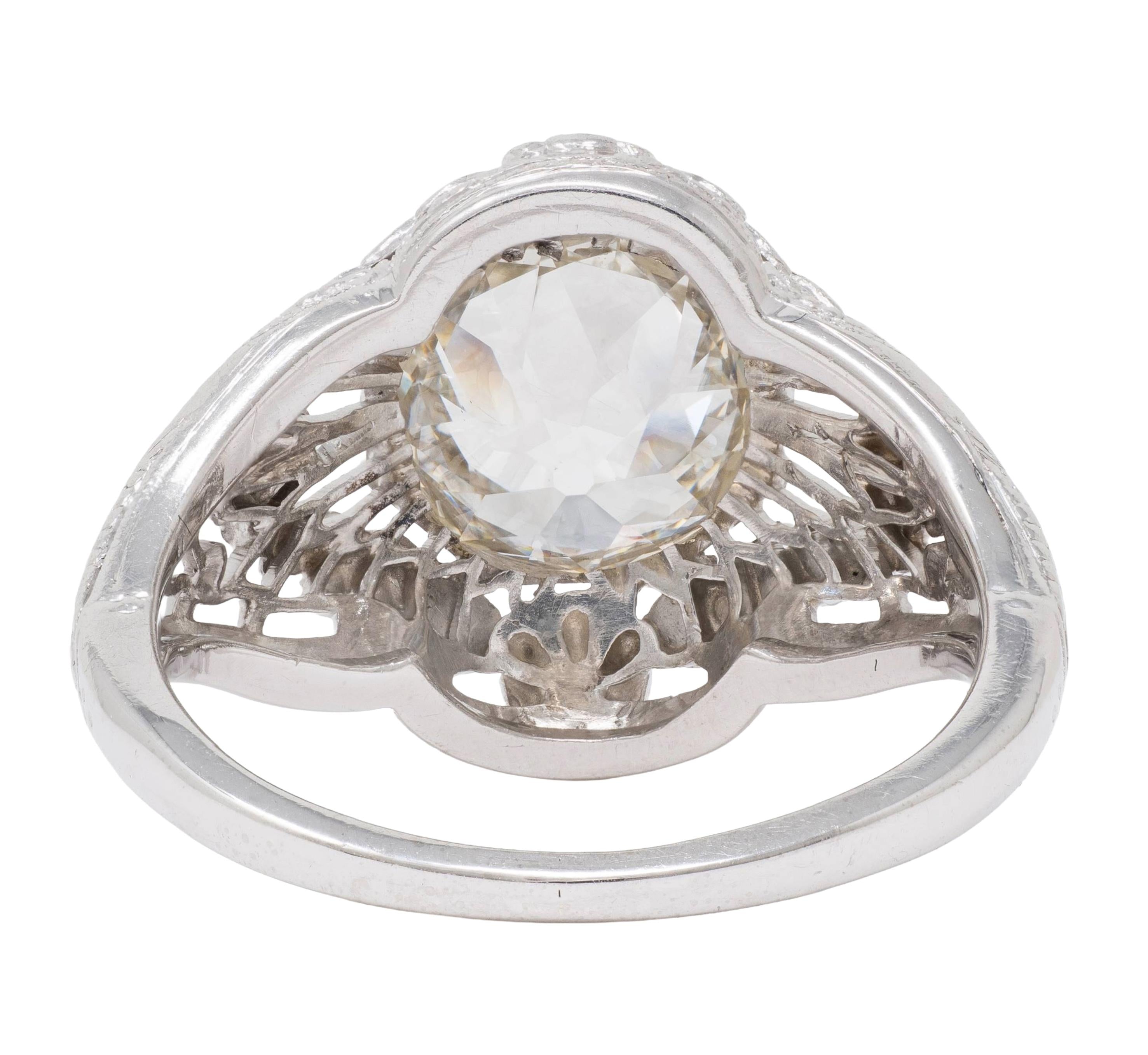 Art Deco Old European Cut Diamond 18K White Gold Floral Vintage Engagement Ring