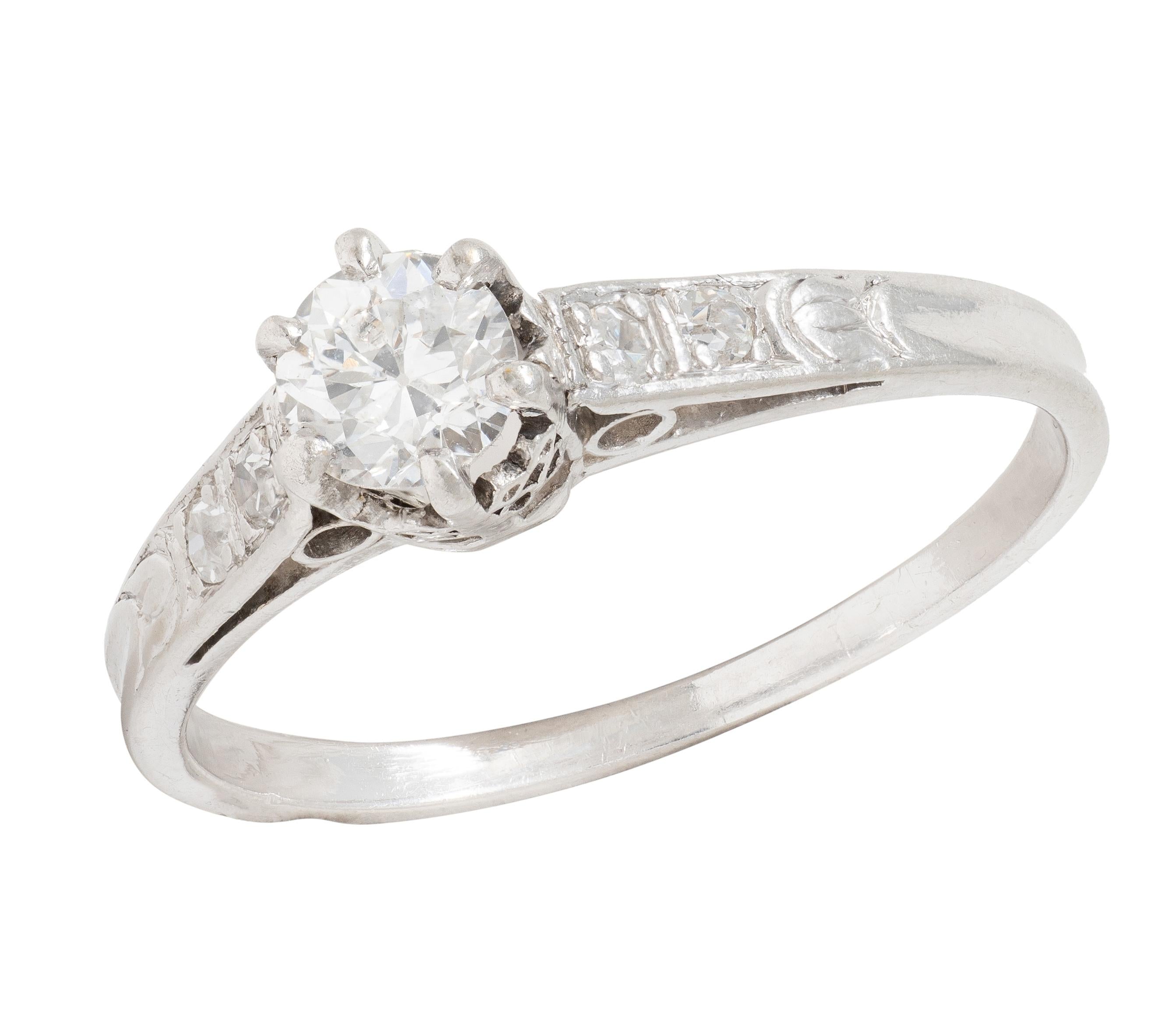 Art Deco Old Mine Cut Diamond Platinum Tulip Vintage Engagement Ring