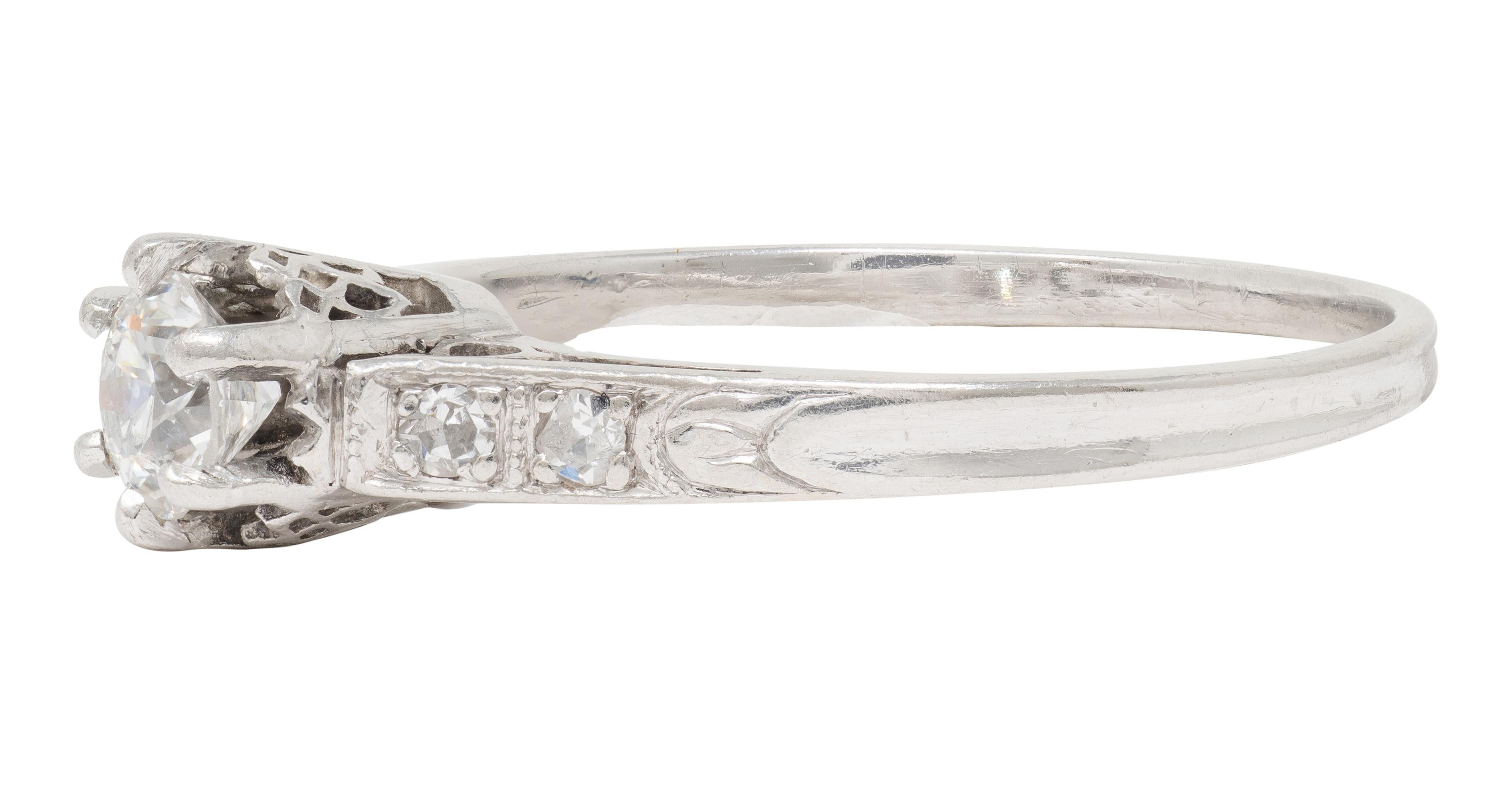 Art Deco Old Mine Cut Diamond Platinum Tulip Vintage Engagement Ring