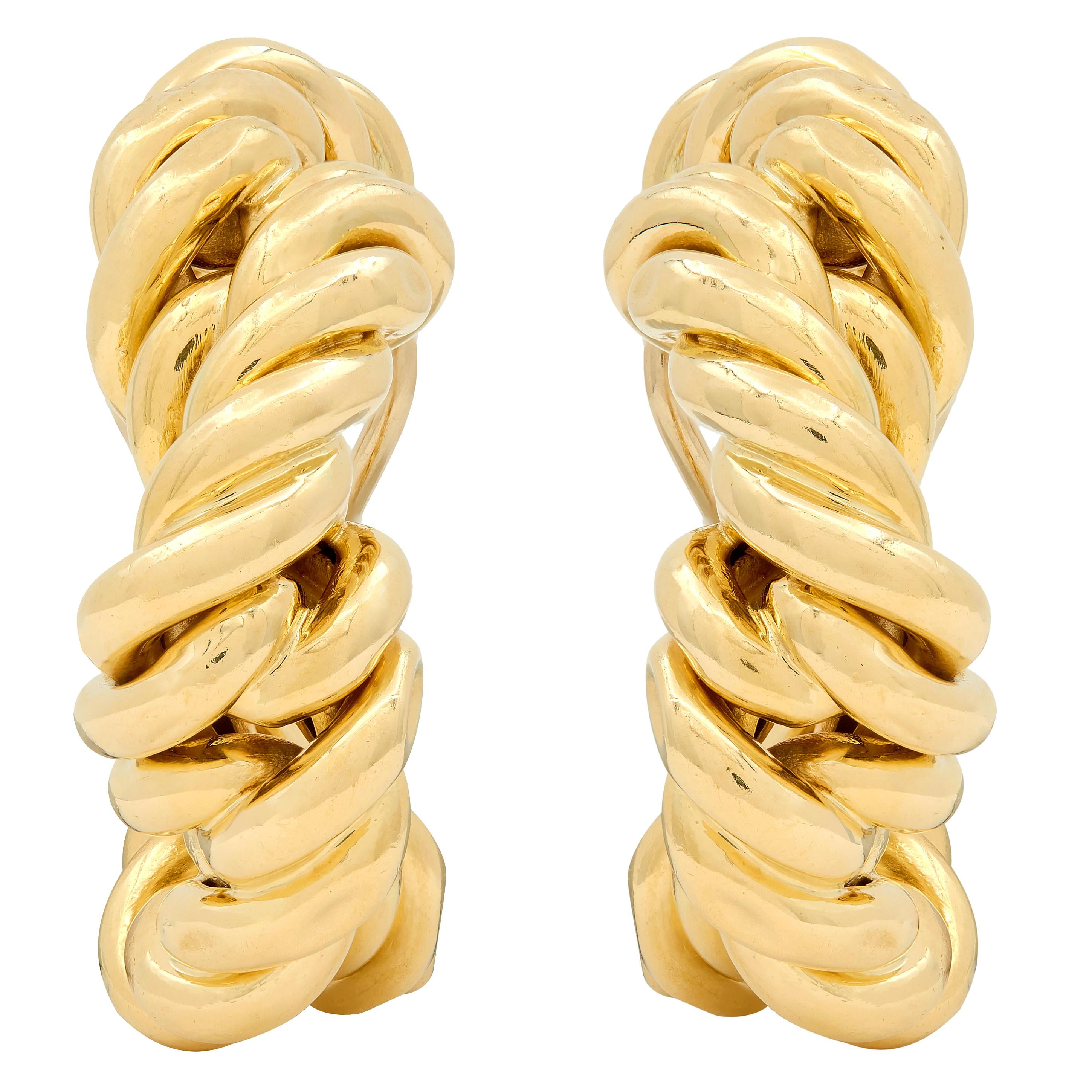 Tiffany & Co. 1980's 18K Yellow Gold Vintage Twisting Hoop Ear-Clip Earrings