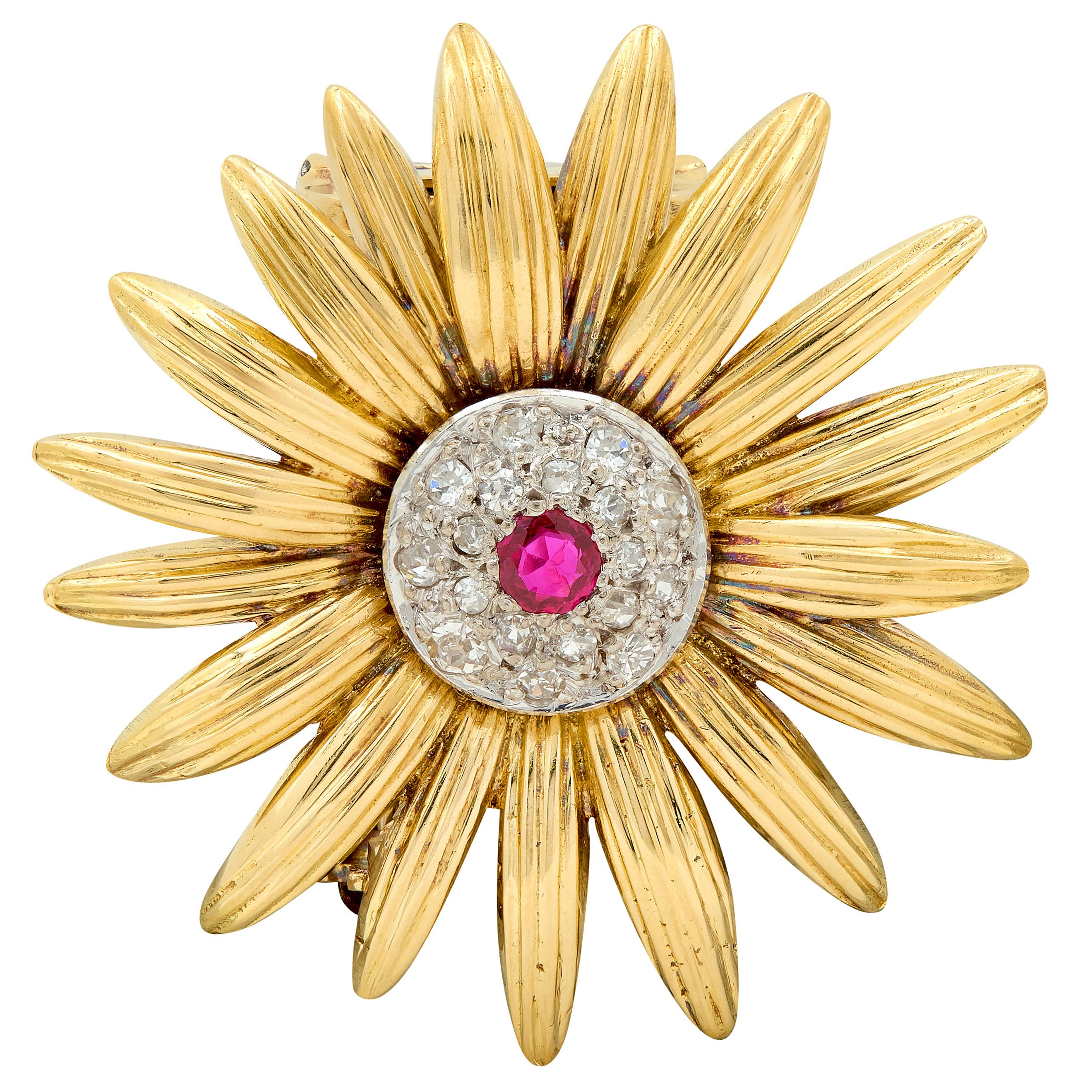Van Cleef & Arpels 1950's Diamond Ruby Platinum 18K Gold Vintage Flower Brooch