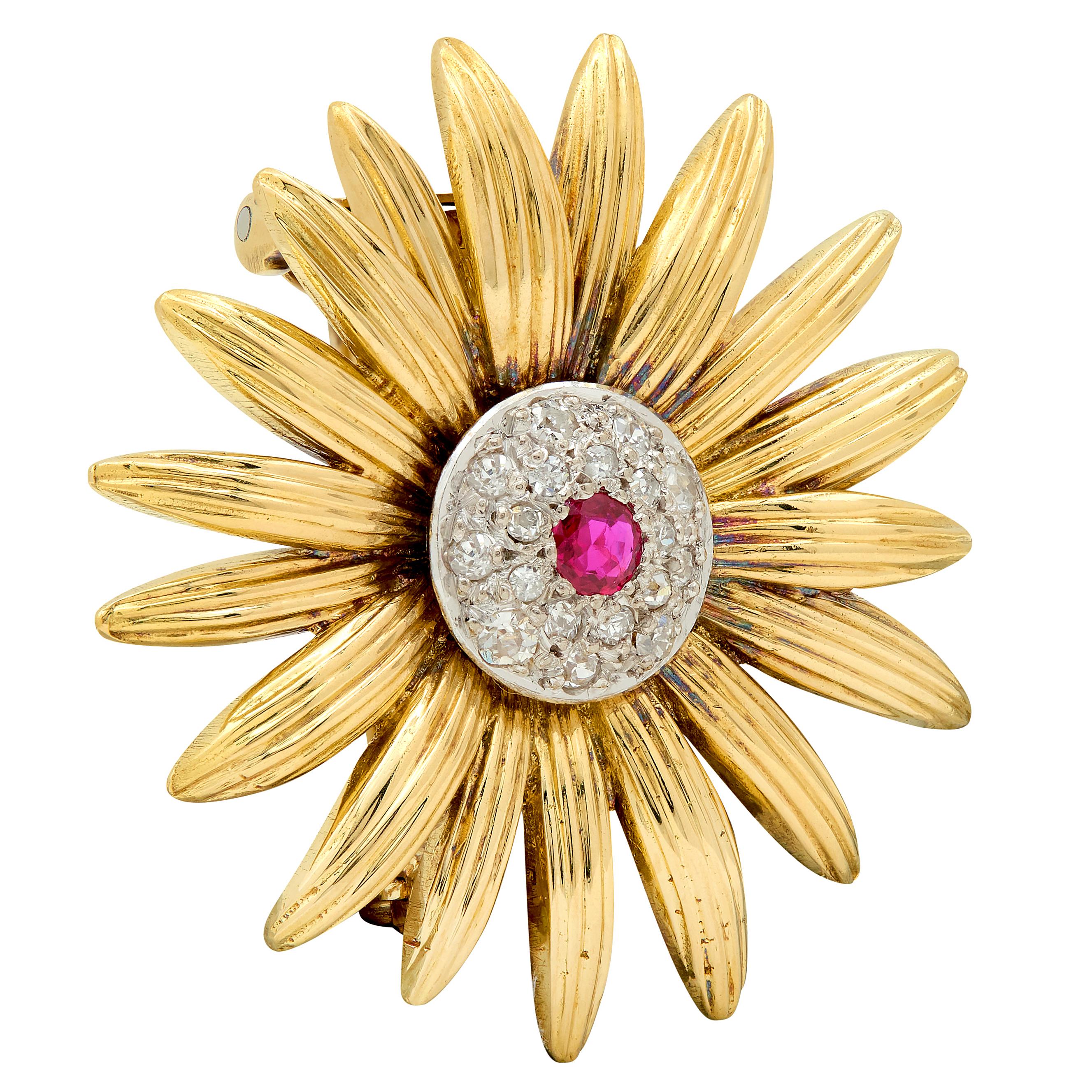 Van Cleef & Arpels 1950's Diamond Ruby Platinum 18K Gold Vintage Flower Brooch