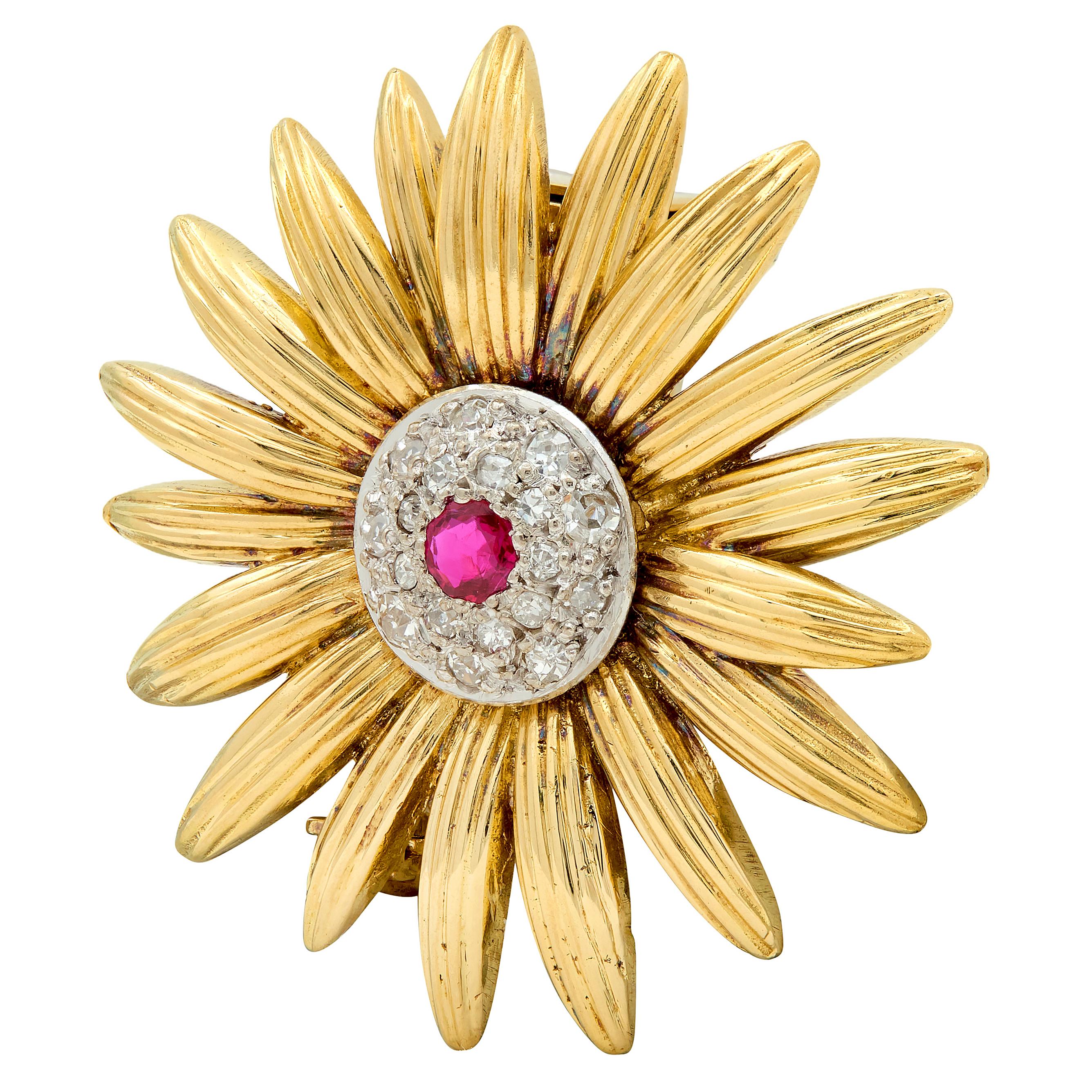 Van Cleef & Arpels 1950's Diamond Ruby Platinum 18K Gold Vintage Flower Brooch