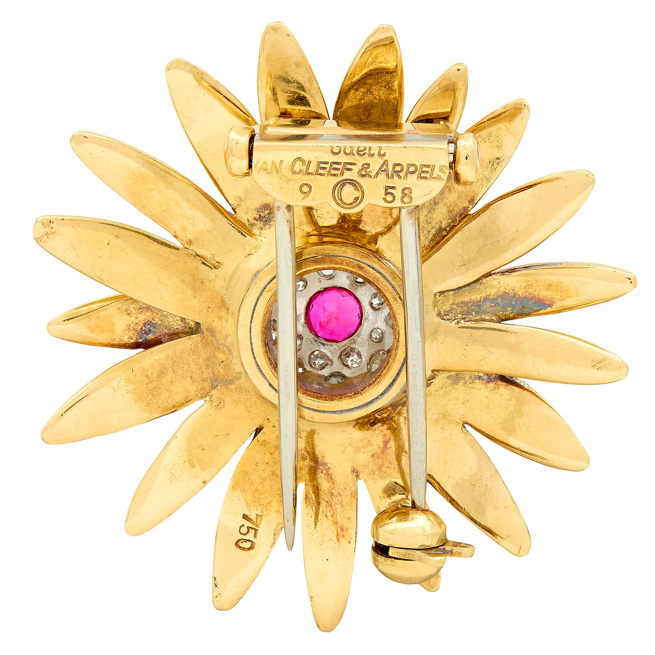 Van Cleef & Arpels 1950's Diamond Ruby Platinum 18K Gold Vintage Flower Brooch