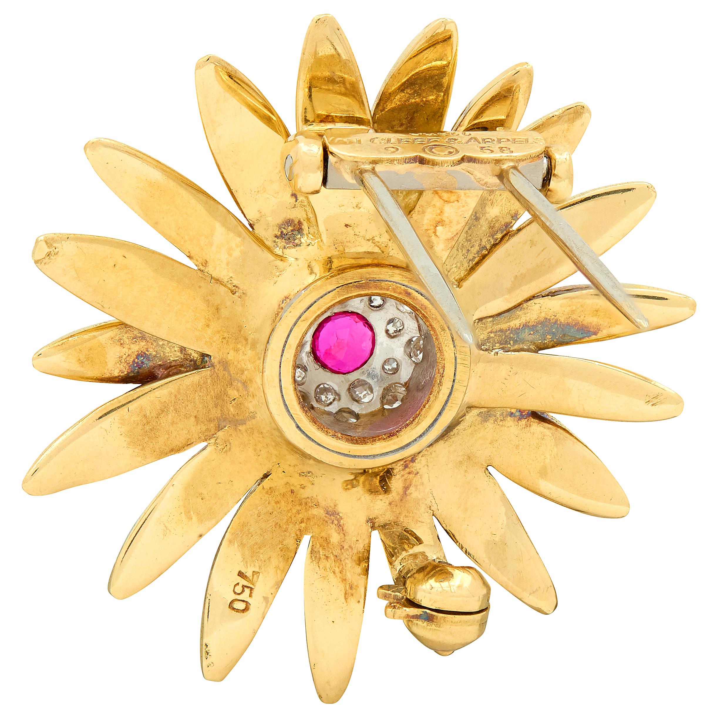 Van Cleef & Arpels 1950's Diamond Ruby Platinum 18K Gold Vintage Flower Brooch