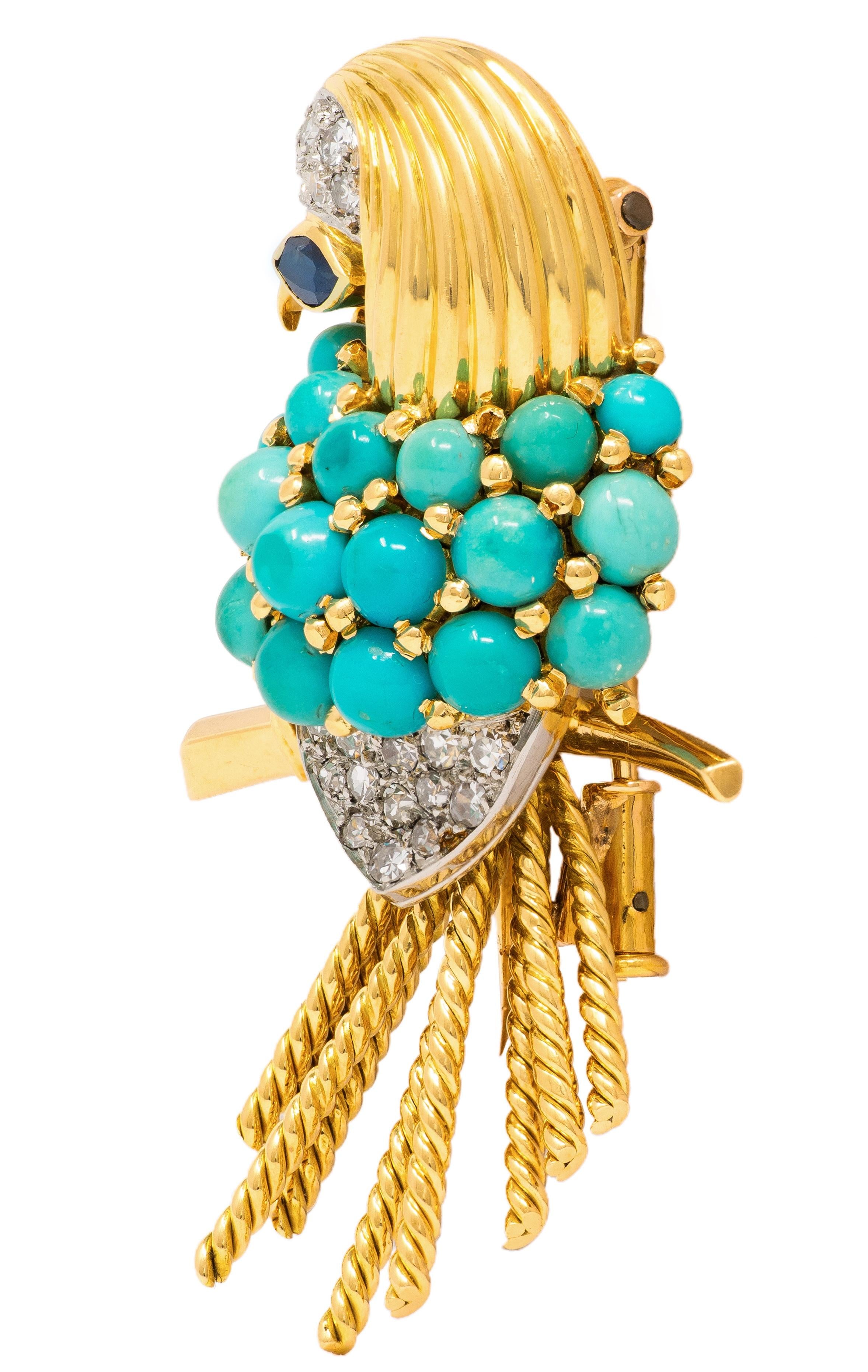 Boucheron Paris 1960s Turquoise Diamond 18K Gold Platinum Vintage Bird Brooch