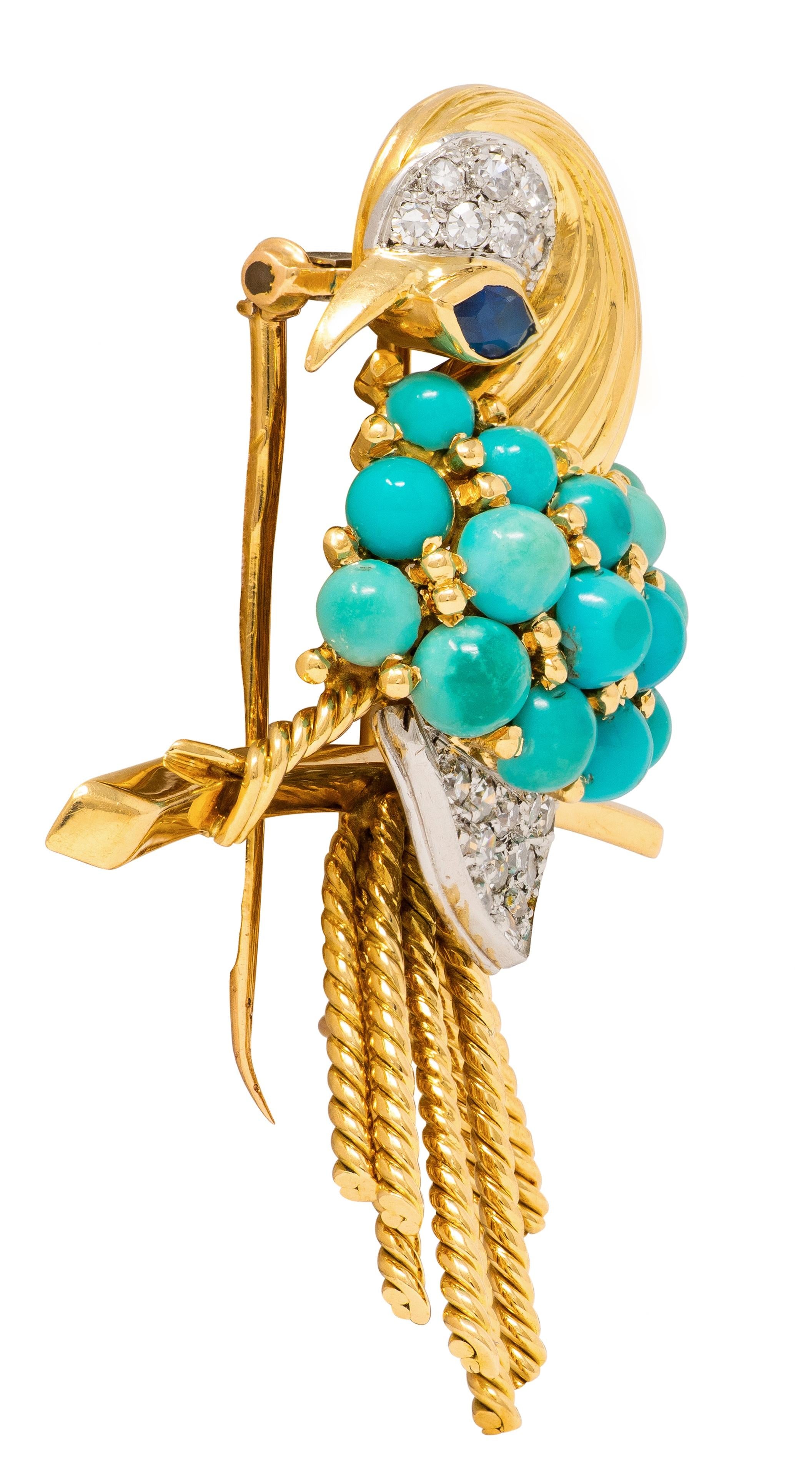 Boucheron Paris 1960s Turquoise Diamond 18K Gold Platinum Vintage Bird Brooch