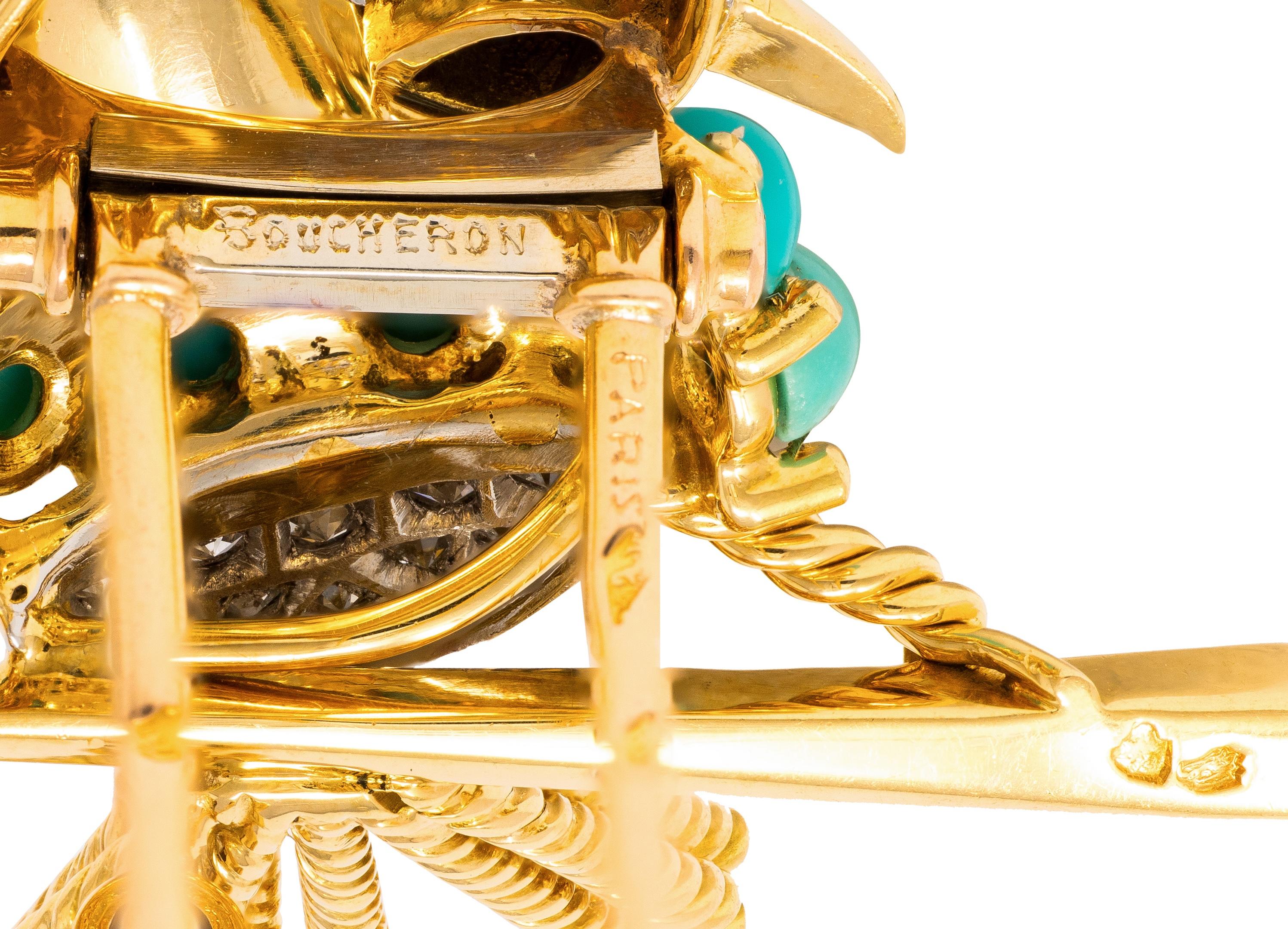 Boucheron Paris 1960s Turquoise Diamond 18K Gold Platinum Vintage Bird Brooch
