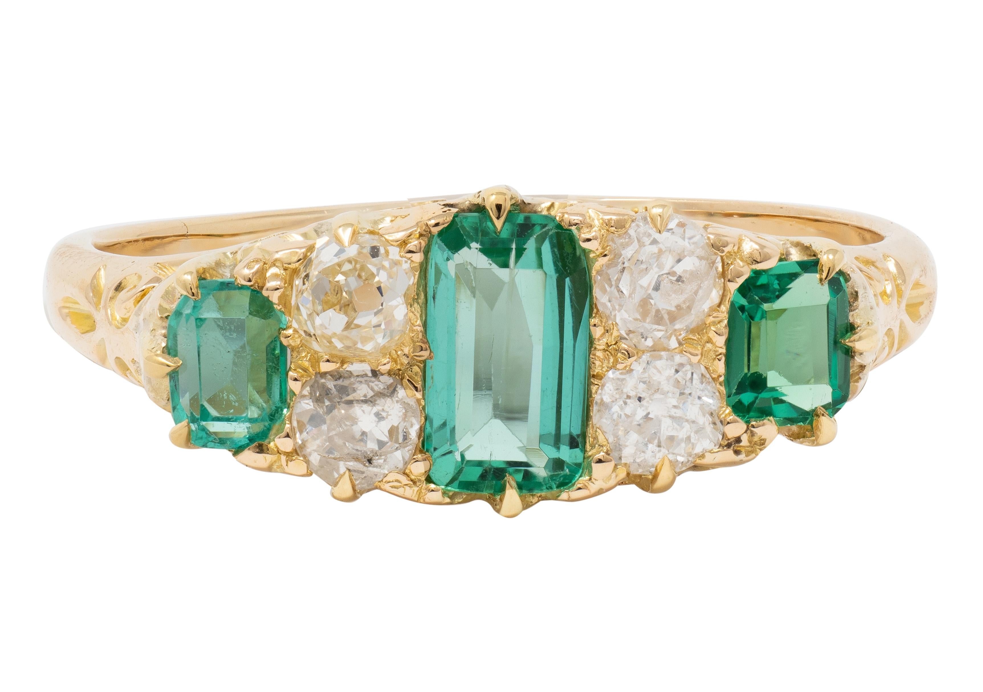 Victorian 1.16 CTW Emerald Diamond 18 Karat Yellow Gold Antique Scroll Band Ring