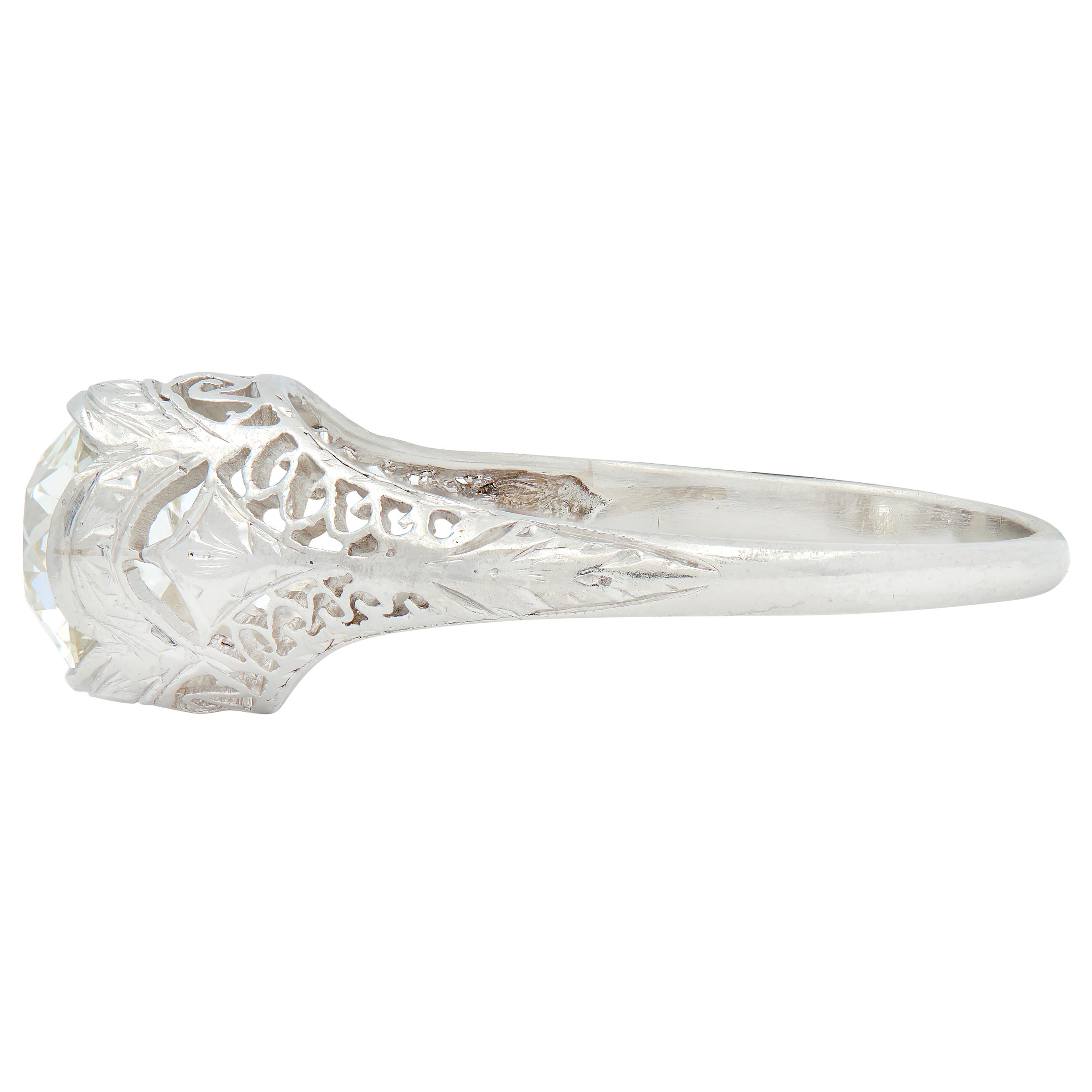 Art Deco Old Mine Cut Diamond Platinum Arching Scroll Antique Engagement Ring