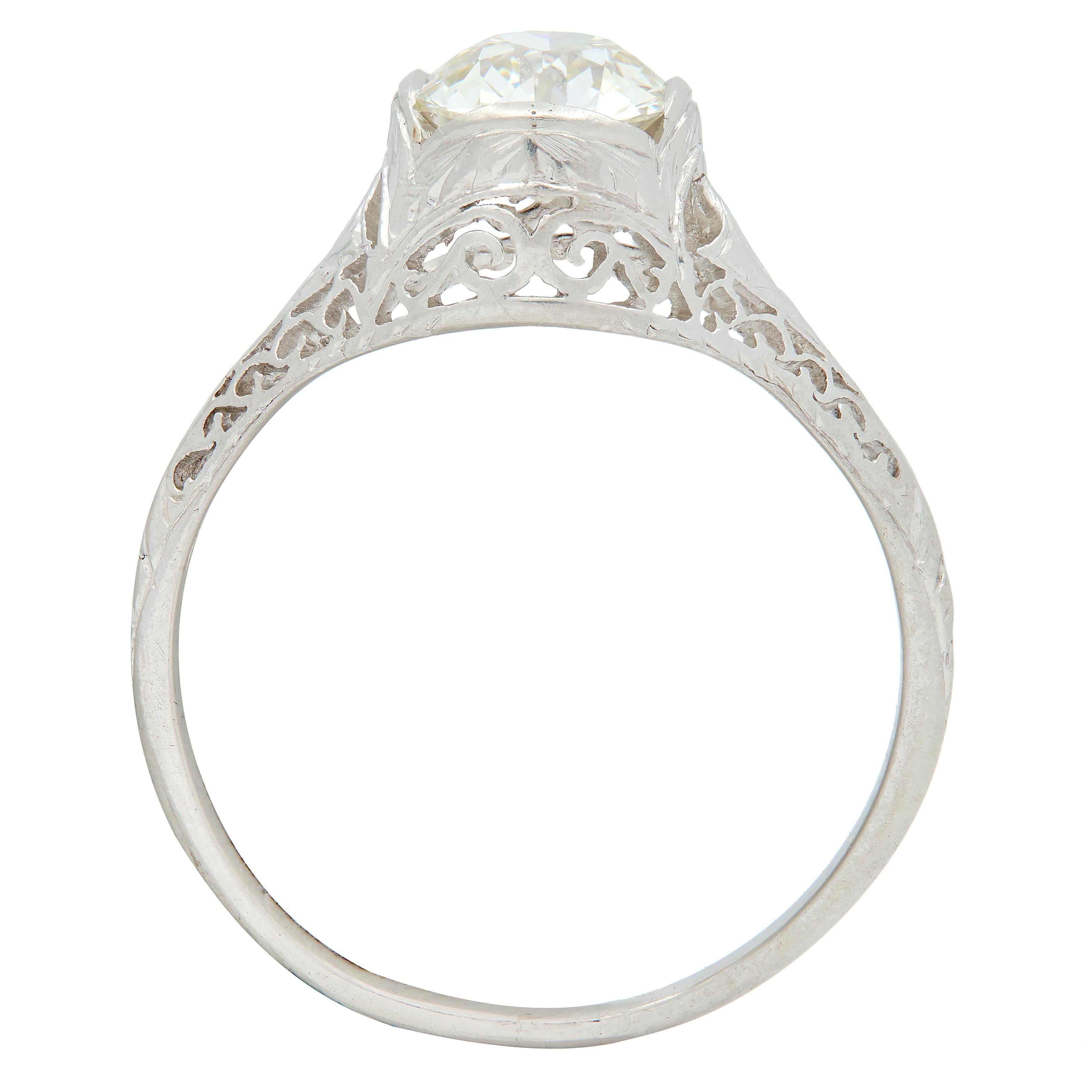 Art Deco Old Mine Cut Diamond Platinum Arching Scroll Antique Engagement Ring