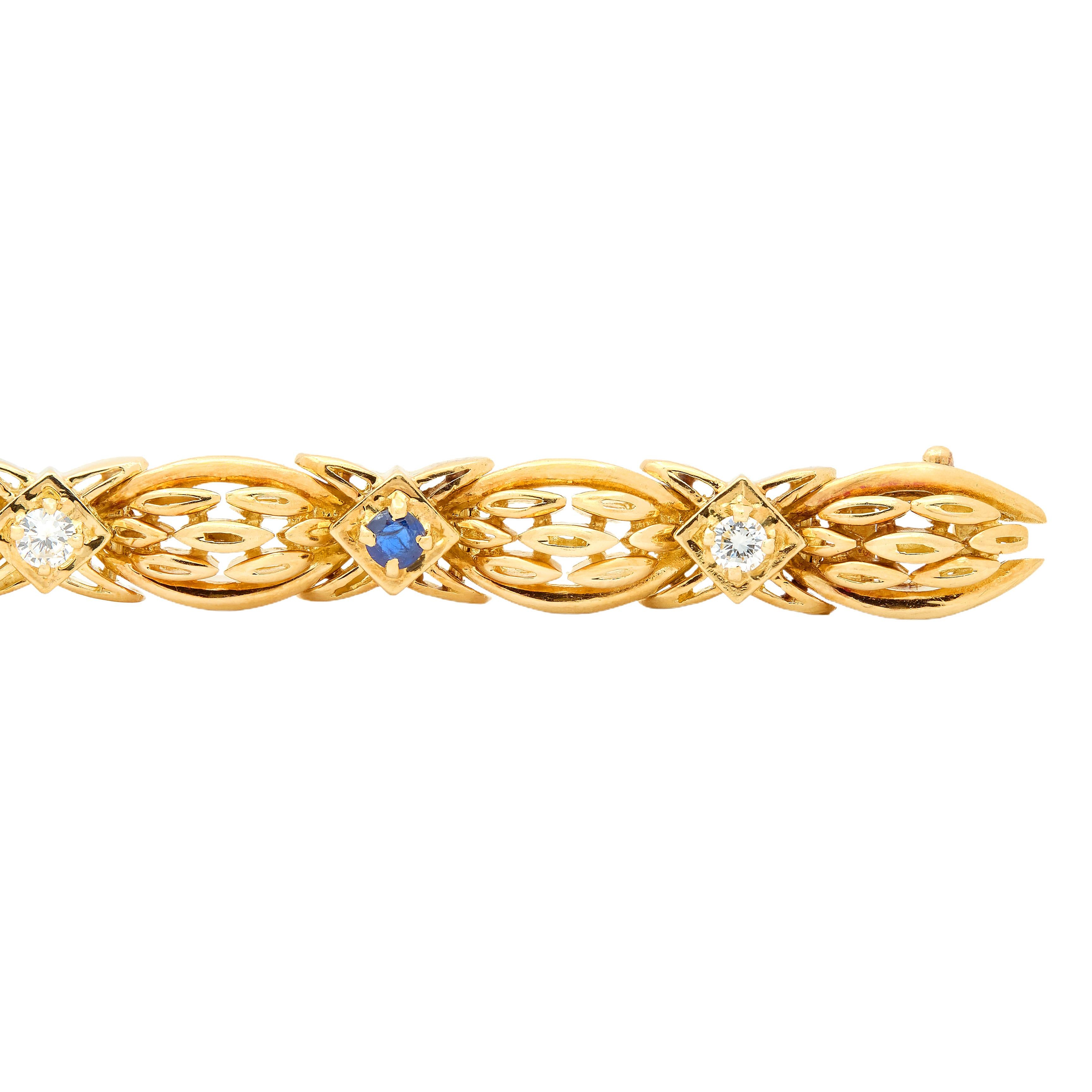 Tiffany & Co. 1990's 1.04 CTW Sapphire Diamond 18K Gold Vintage Wheat Bracelet