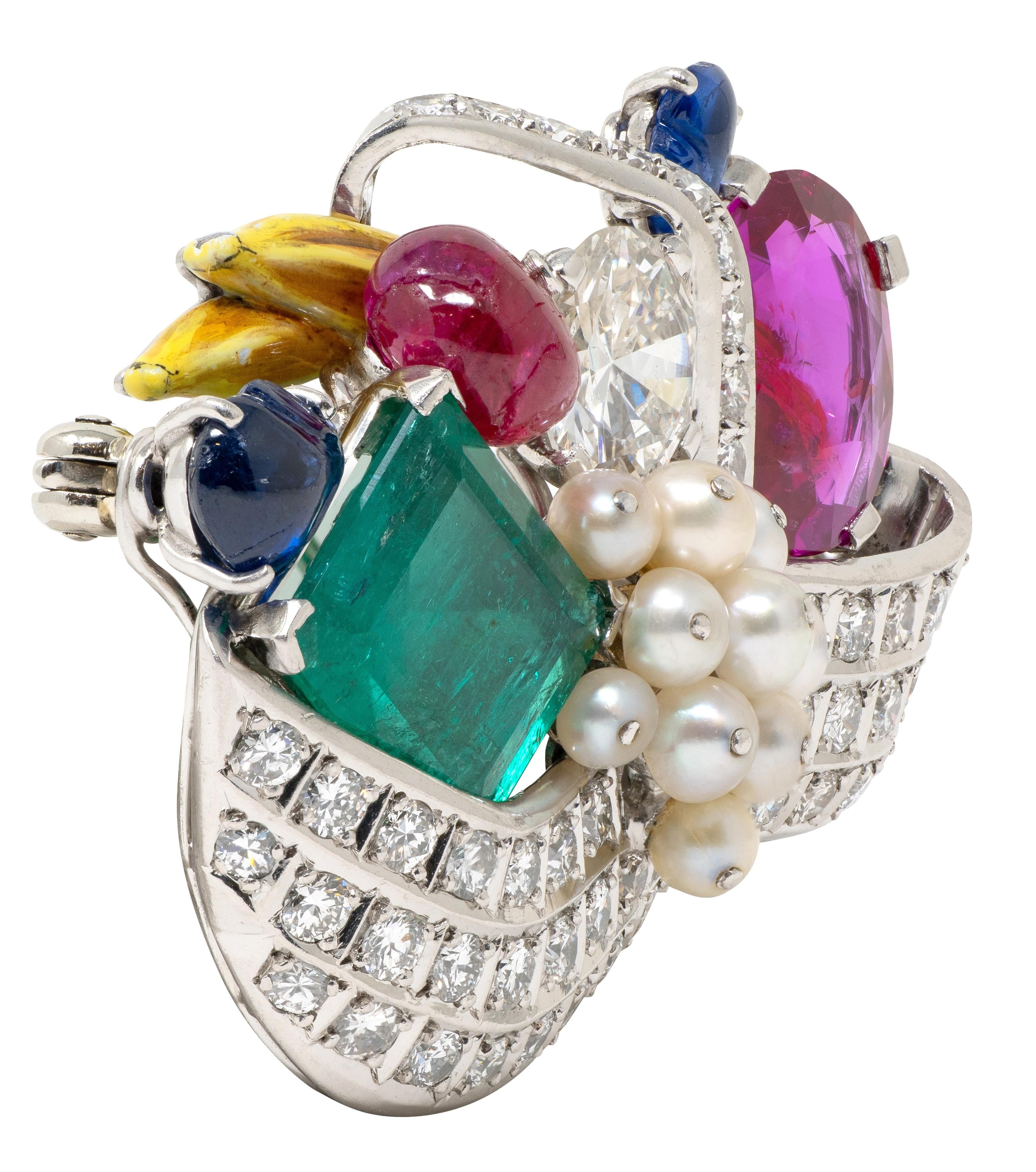 Mauboussin 1950 Burma Ruby Multi-Gem Platinum Vintage Tutti-Frutti Basket Brooch