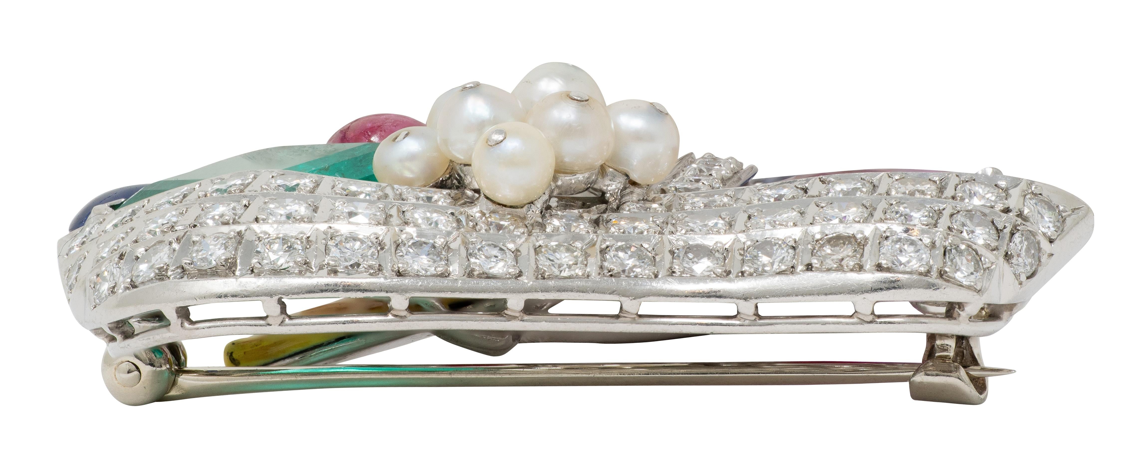 Mauboussin 1950 Burma Ruby Multi-Gem Platinum Vintage Tutti-Frutti Basket Brooch