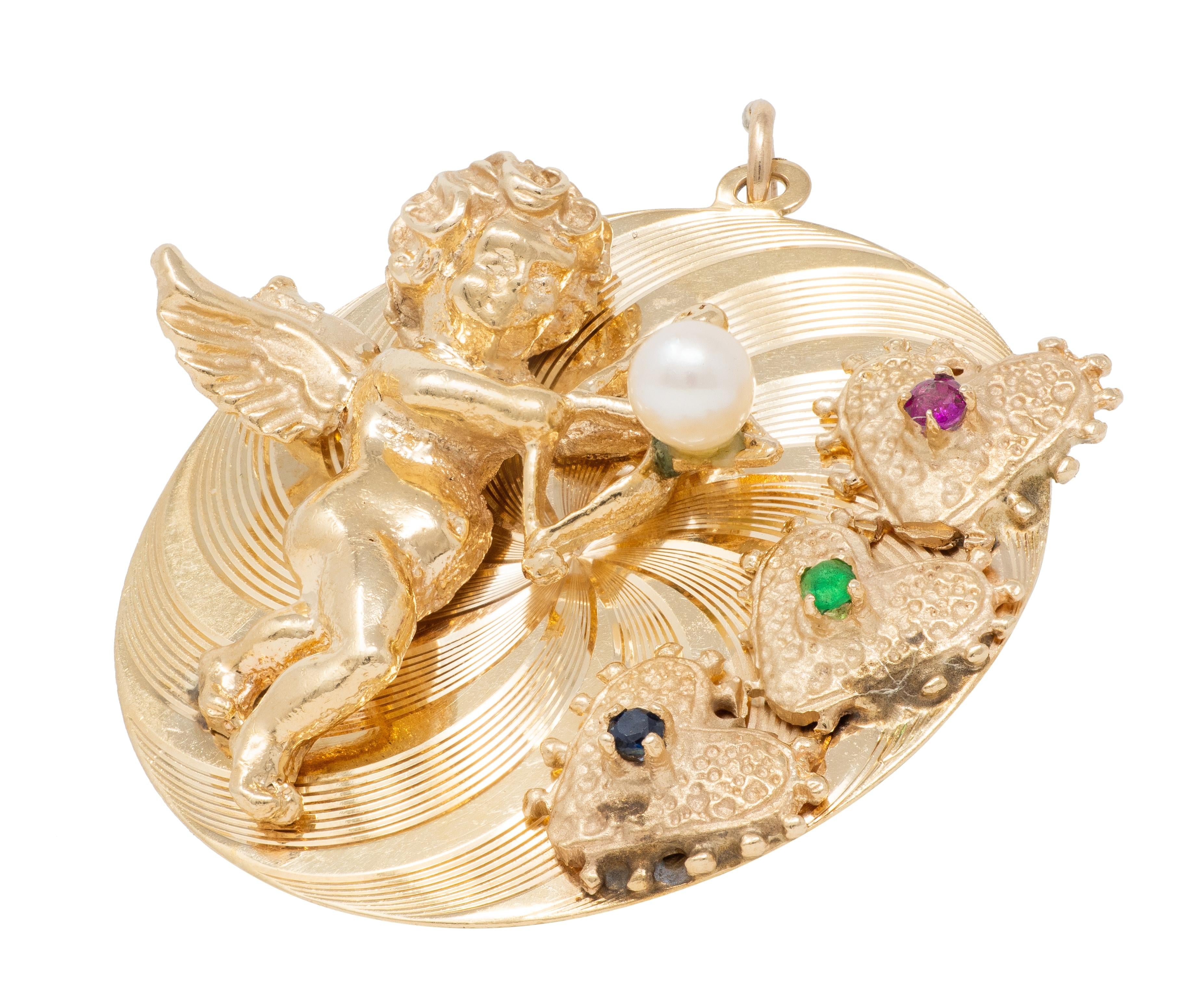 1950's Multi-Gem 14 Karat Yellow Gold Vintage Cupid Pendant Charm