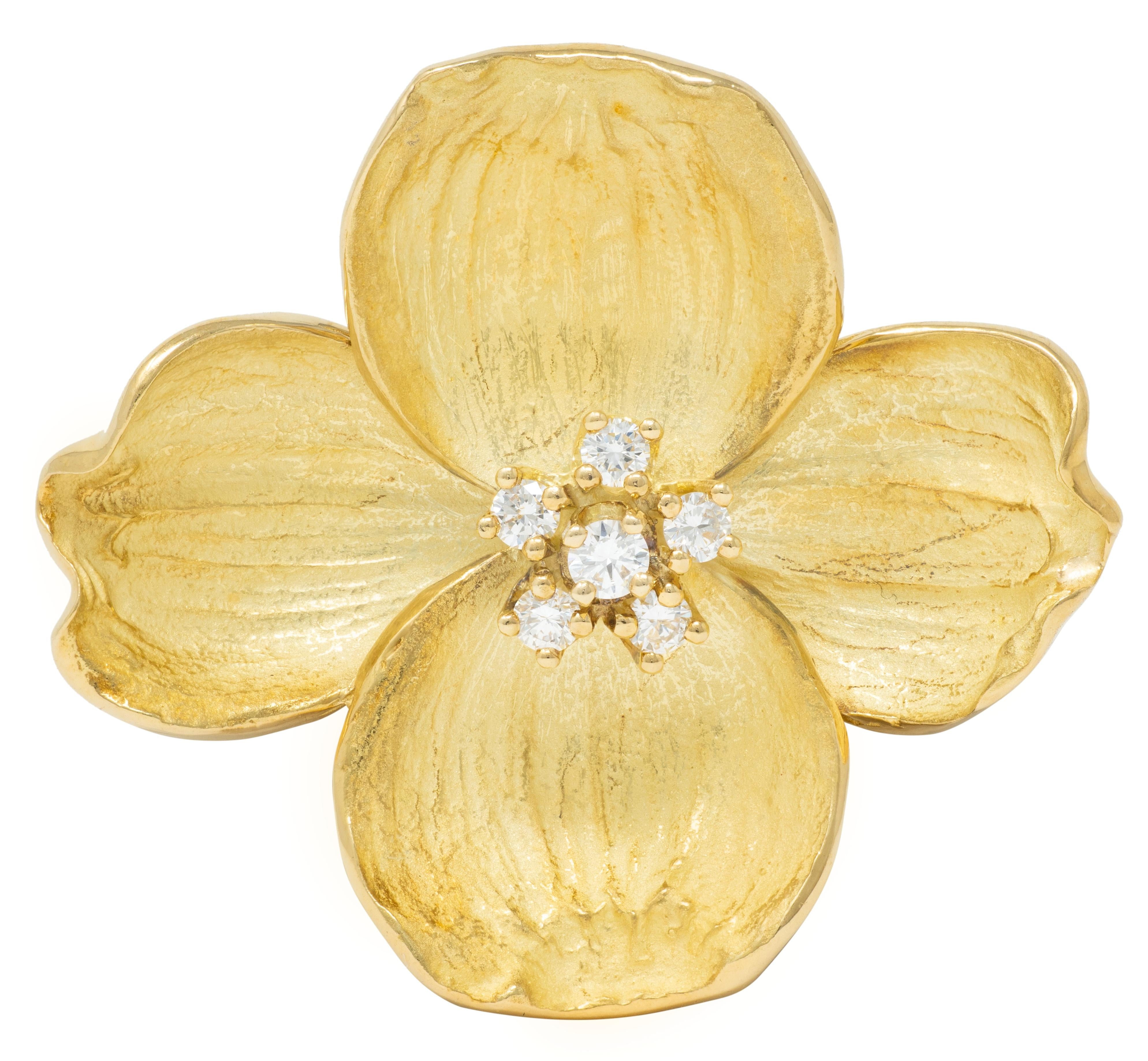 Tiffany & Co. 2000's Diamond 18 Karat Yellow Gold Dogwood Flower Brooch