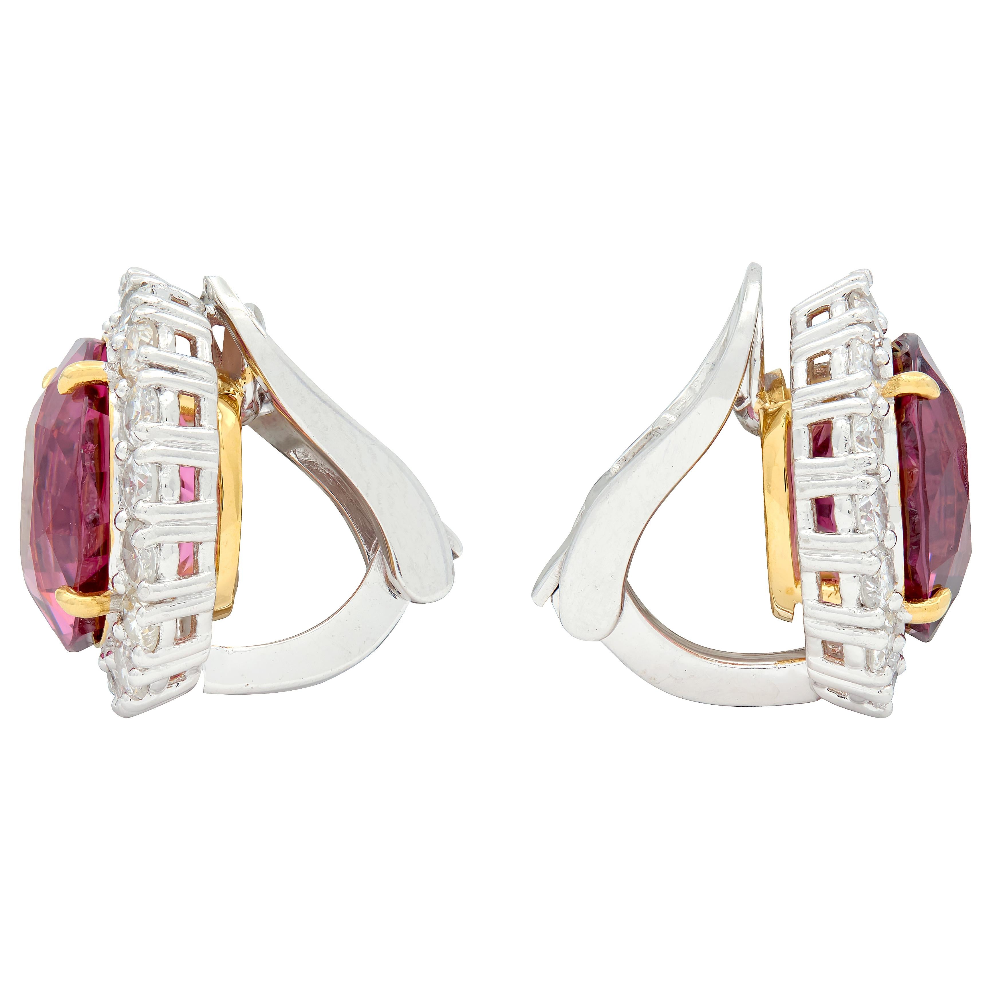 Contemporary Spinel Diamond Platinum 18 Karat Yellow Gold Halo Ear-Clip Earrings