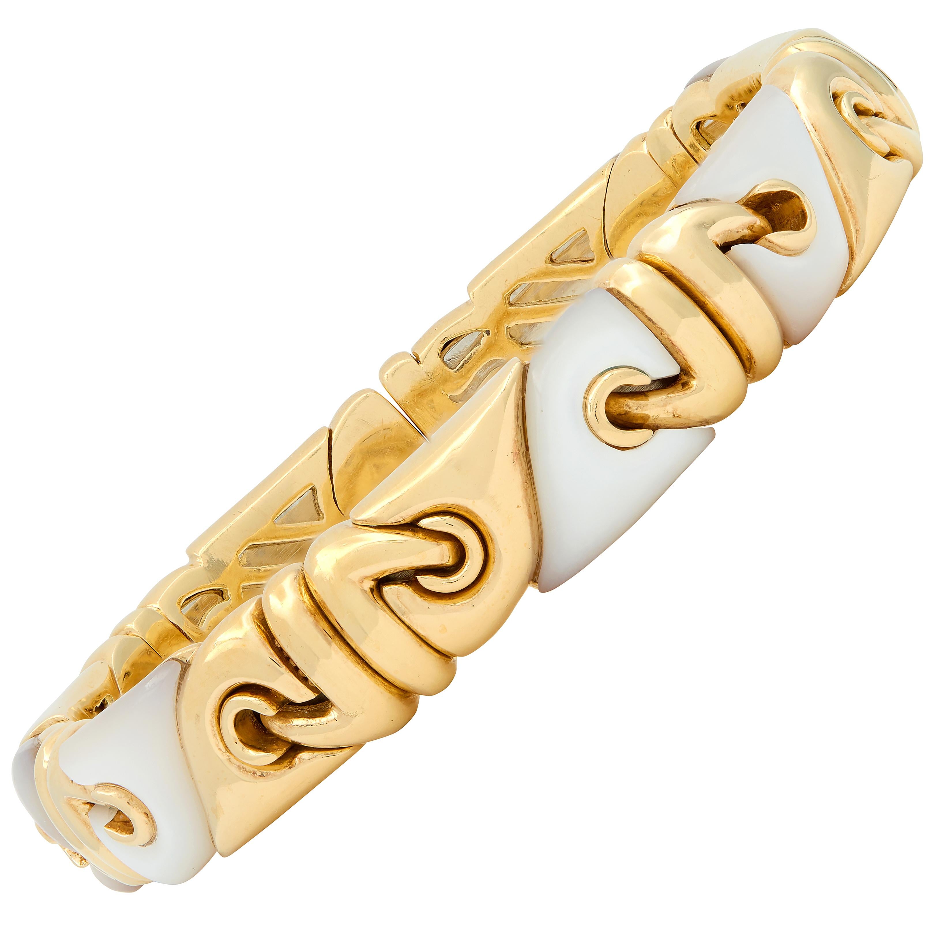 Bulgari 1990's Mother-Of-Pearl 18K Gold Vintage Inlay Passo Doppio Cuff Bracelet