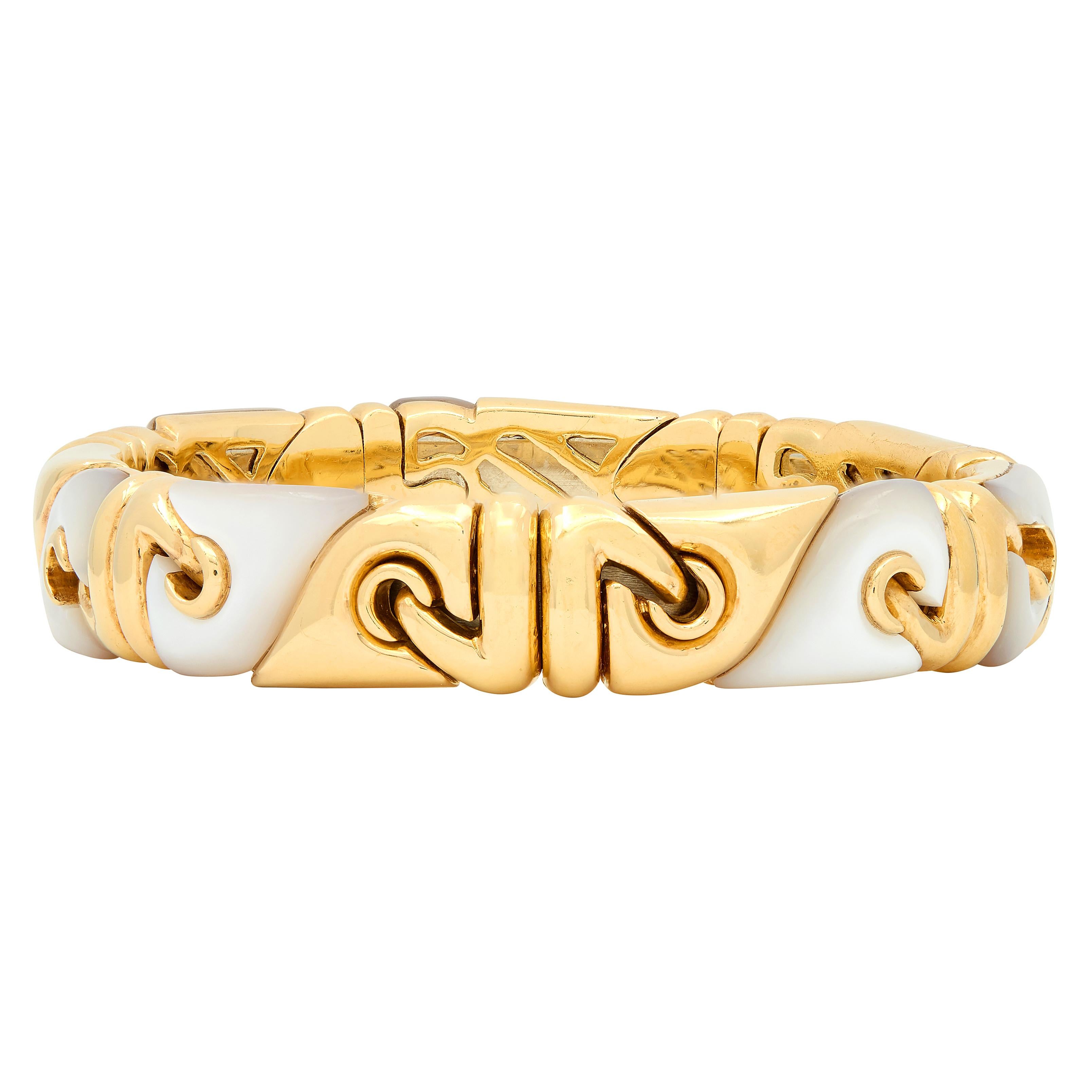 Bulgari 1990's Mother-Of-Pearl 18K Gold Vintage Inlay Passo Doppio Cuff Bracelet