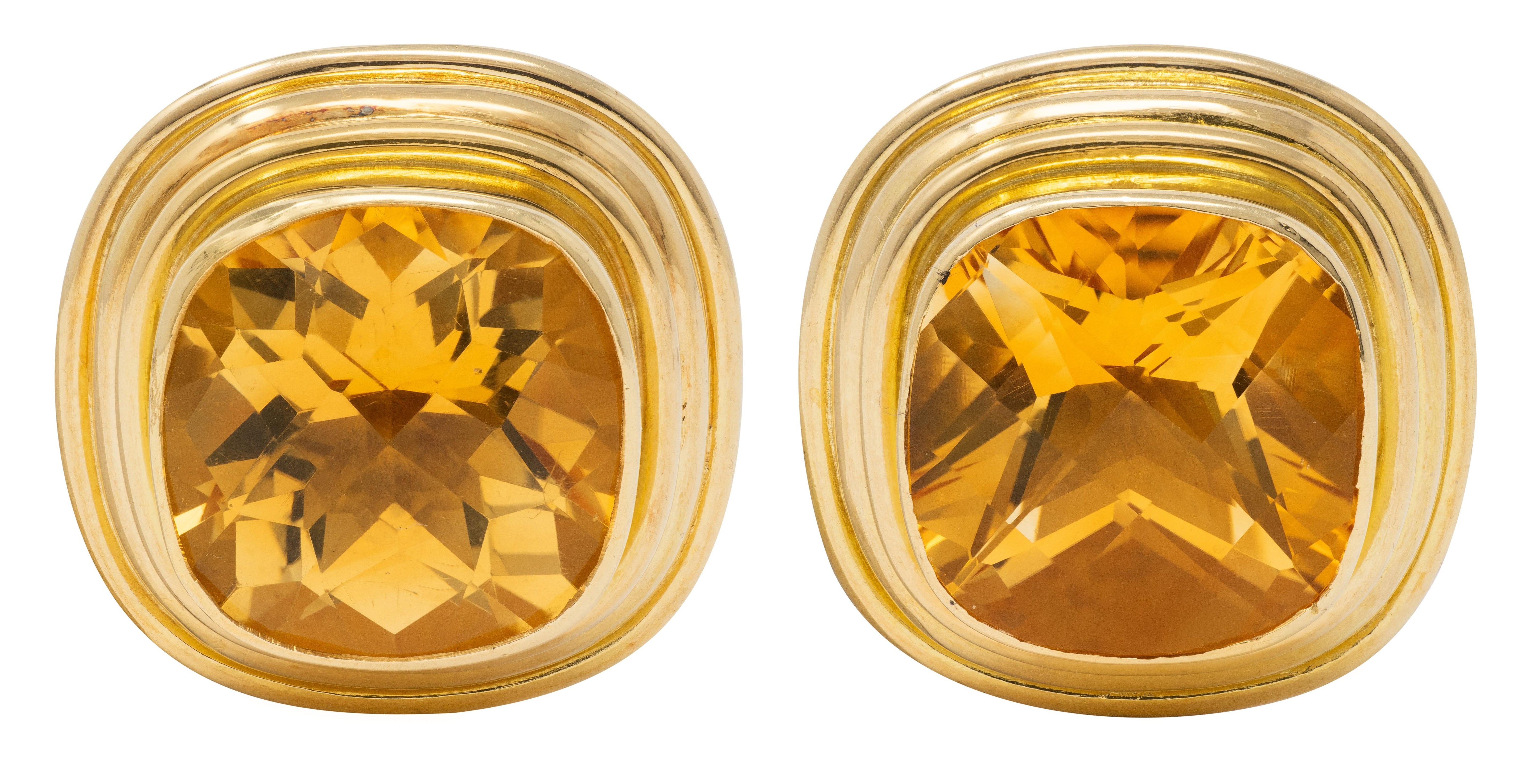 Elizabeth Locke 2000's Citrine 18 Karat Yellow Gold Cushion Earrings