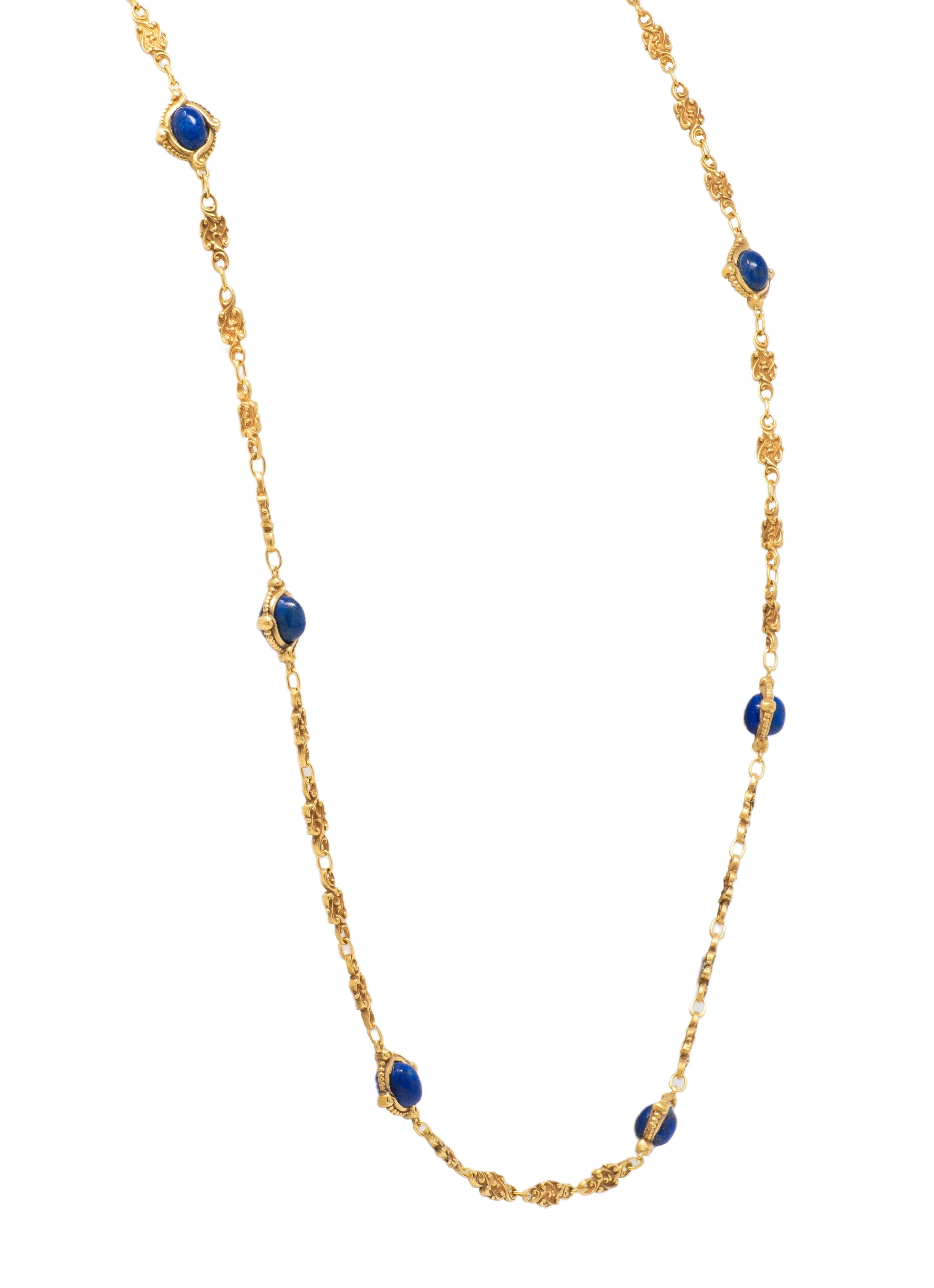 Victorian Lapis Lazuli 14 Karat Yellow Gold Fancy Link Antique Chain Necklace