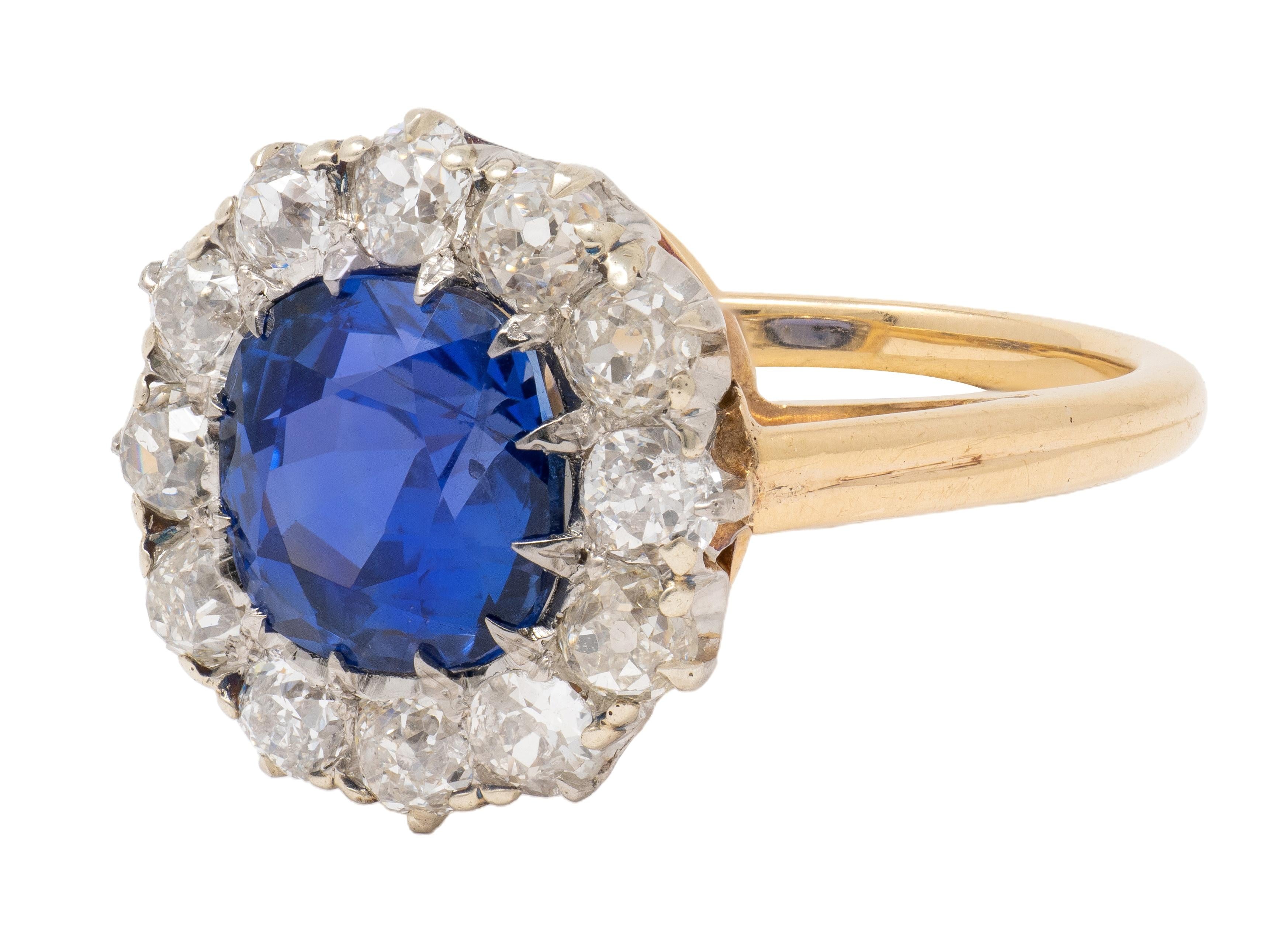 Edwardian 5.13 CTW No Heat Ceylon Sapphire Diamond 14K Antique Halo Ring GIA