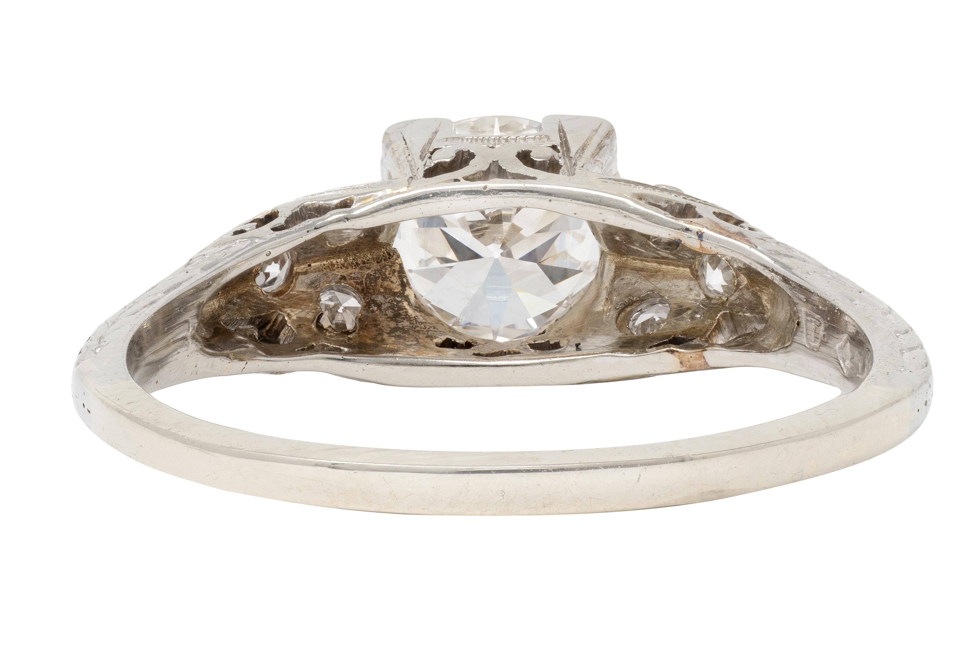 Art Deco 0.88 CTW European Diamond 18K White Gold Vintage Scroll Engagement Ring