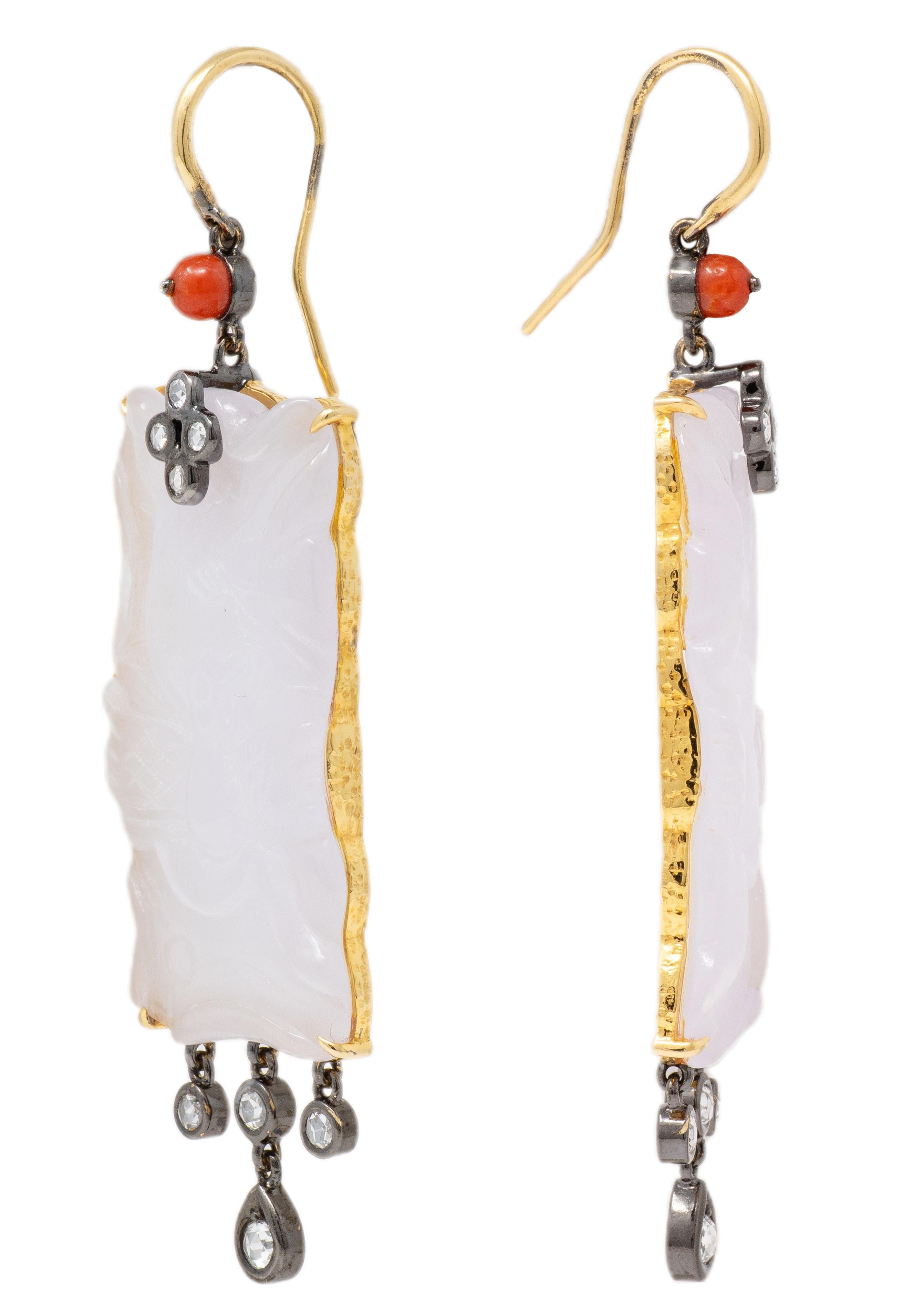 Contemporary White Jade Diamond Coral 18 Karat Gold Drop Earrings