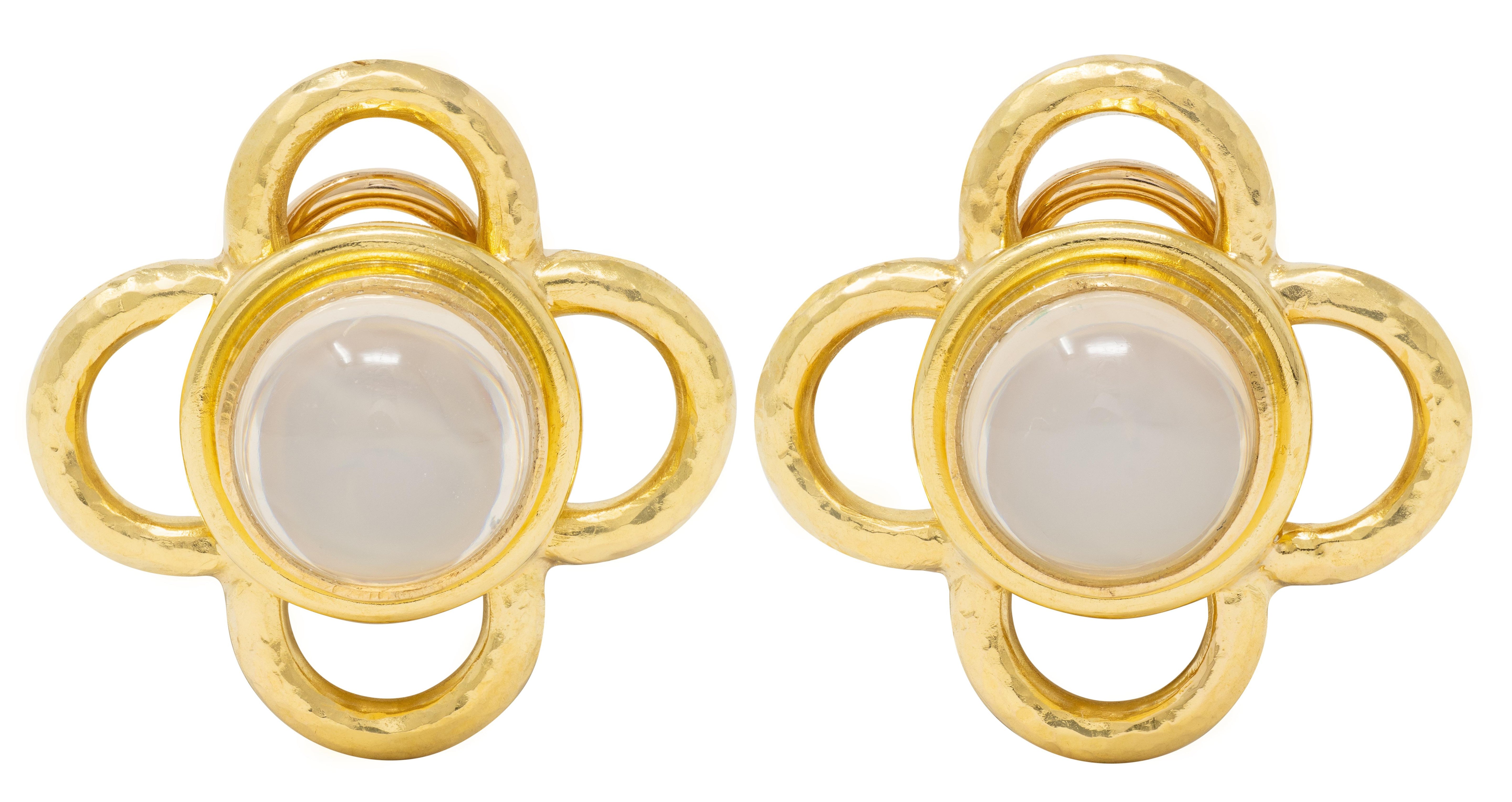 Elizabeth Locke Moonstone 18 Karat Yellow Gold Hammered Quatrefoil Earrings