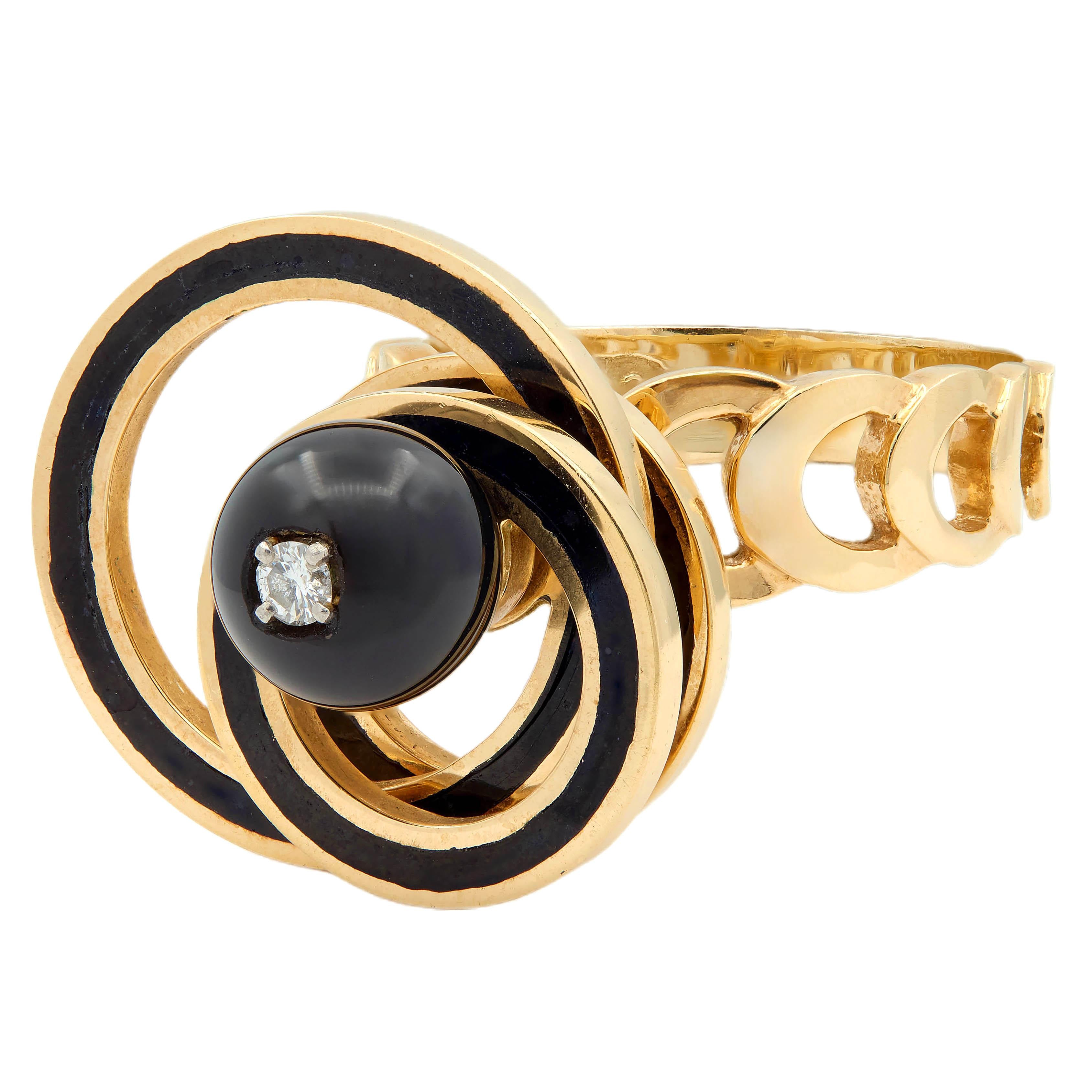 Norman Teufel Onyx Diamond 18K Gold Arch Vintage Kinetic Fidget Spinner Ring