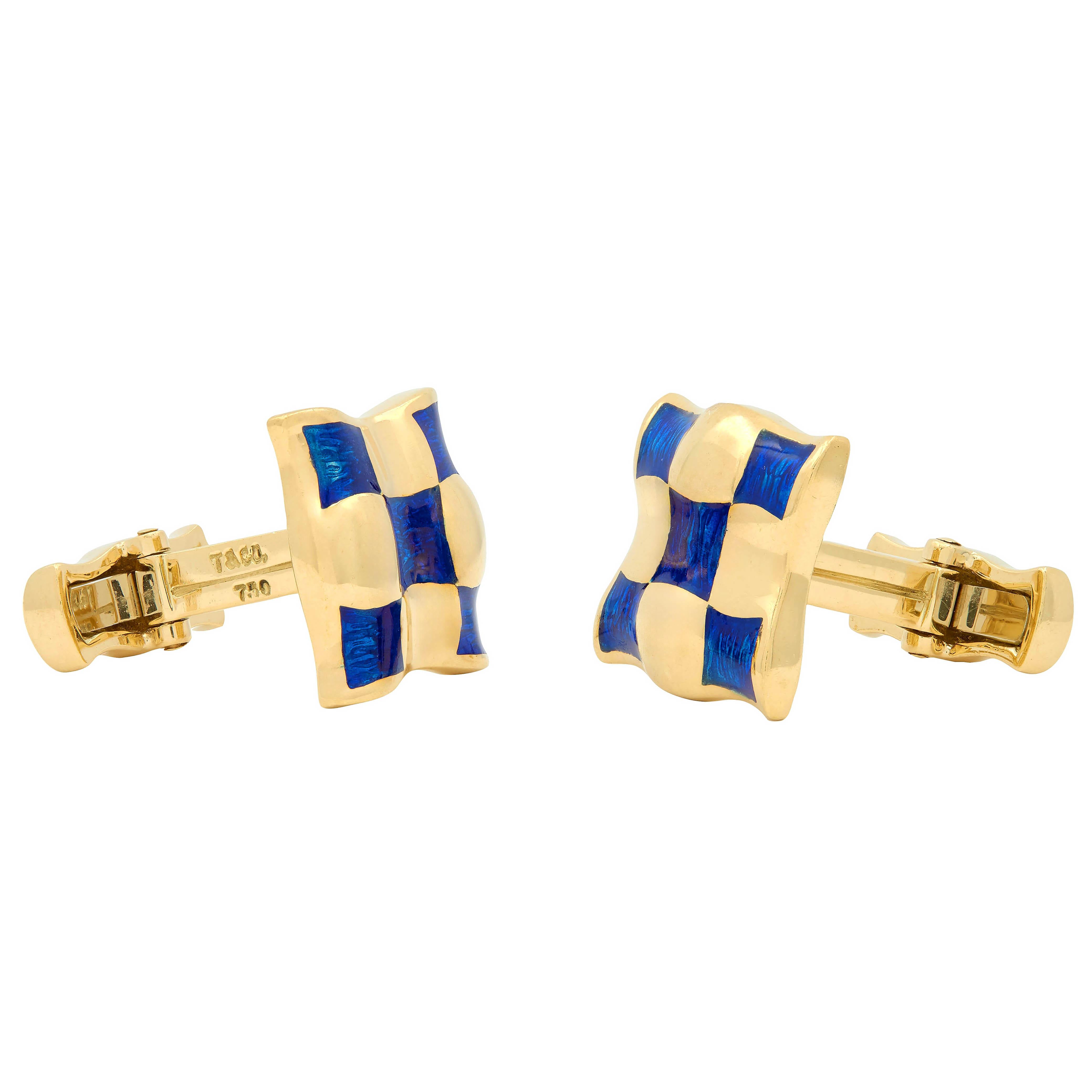 Tiffany & Co. 1980's Enamel 18 Karat Yellow Gold Vintage Checkerboard Cufflinks