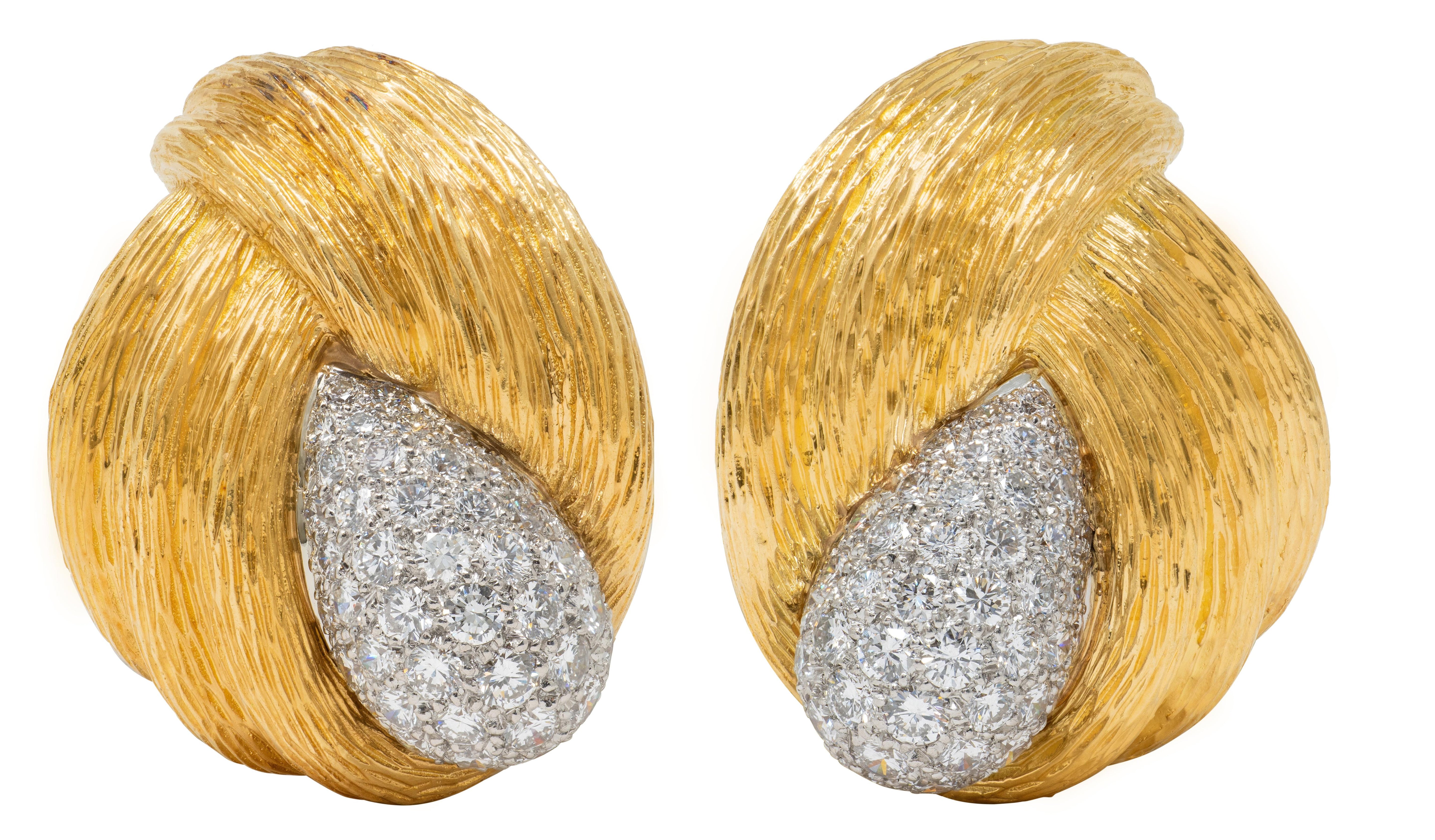 Van Cleef & Arpels Diamond Platinum 18K Gold Vintage Knot Ear-Clip Earrings