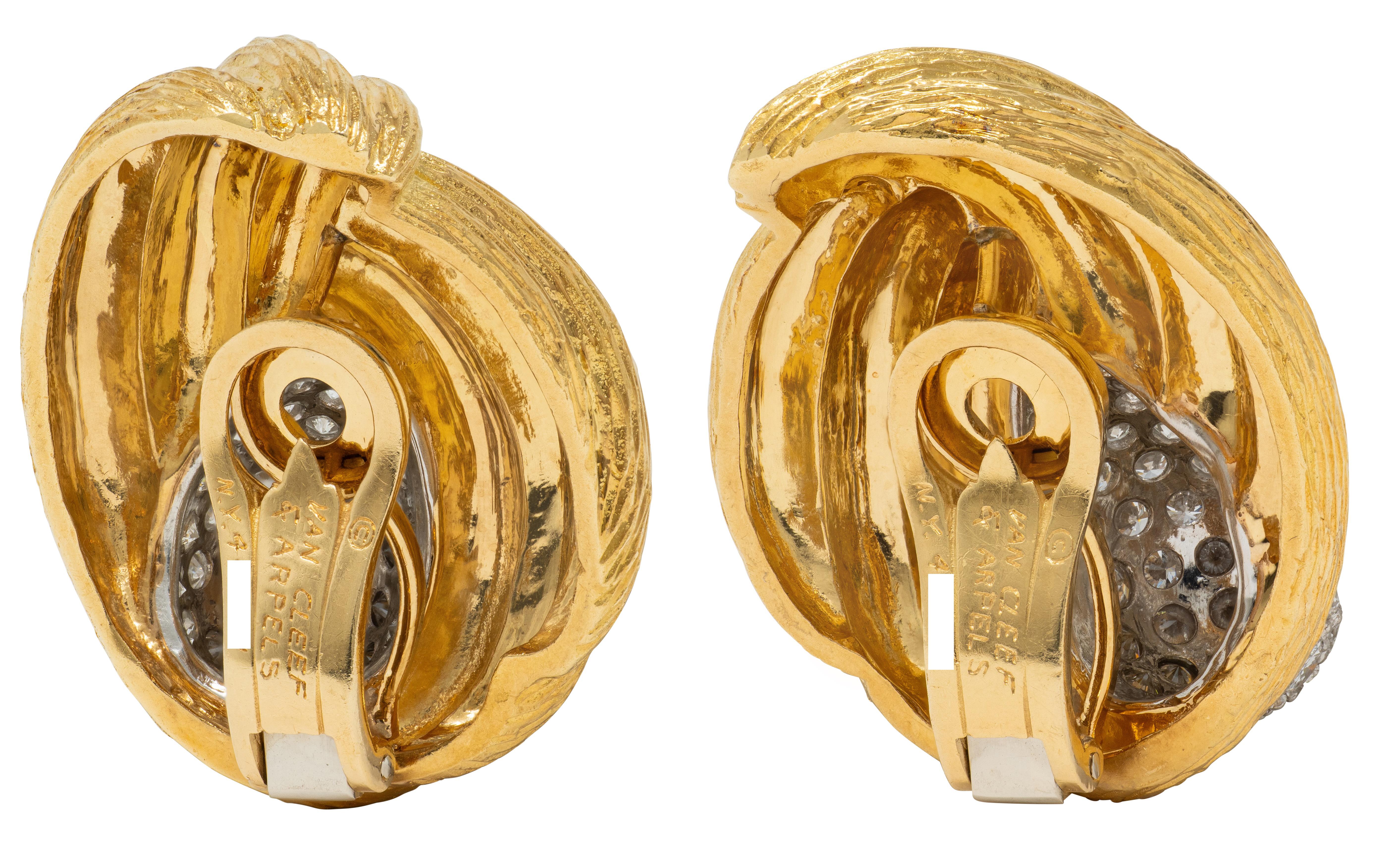 Van Cleef & Arpels Diamond Platinum 18K Gold Vintage Knot Ear-Clip Earrings