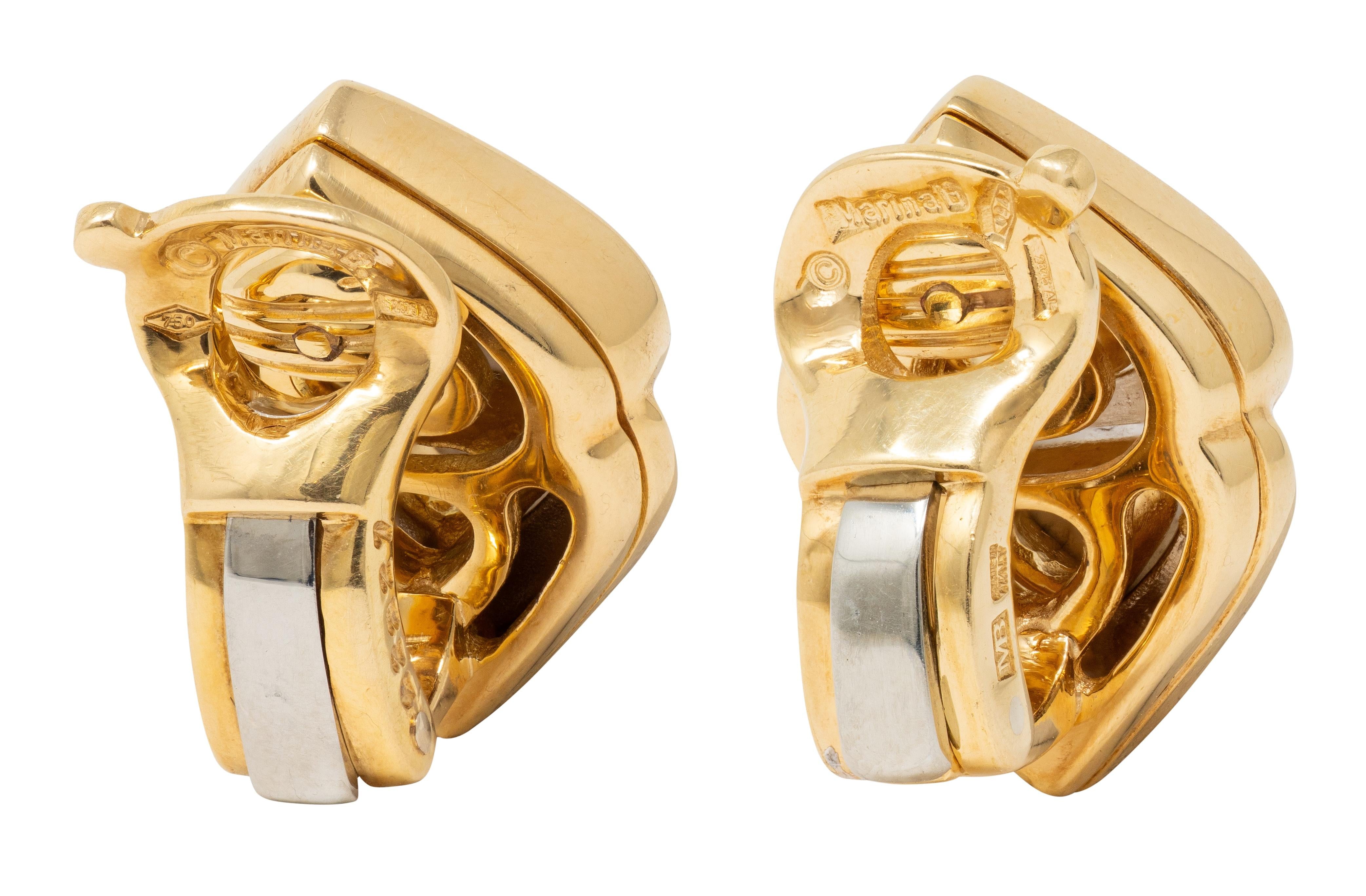 Marina B. 1990's 18K Two-Tone Gold Double Chestnut Vintage Ear-Clip Earrings