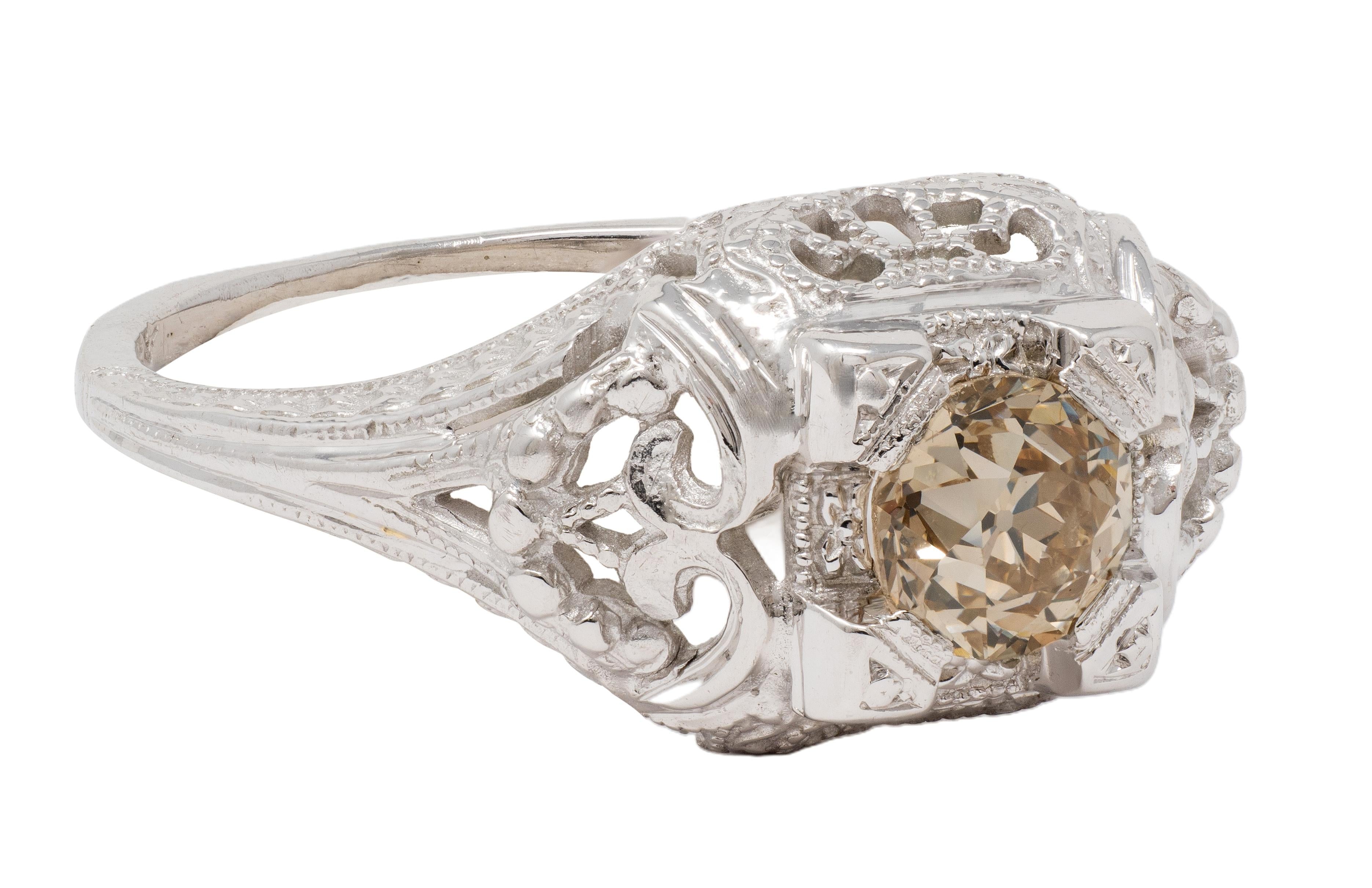 Art Deco 0.42 CTW Fancy Brown-Yellow Diamond 18K Gold Vintage Engagement Ring