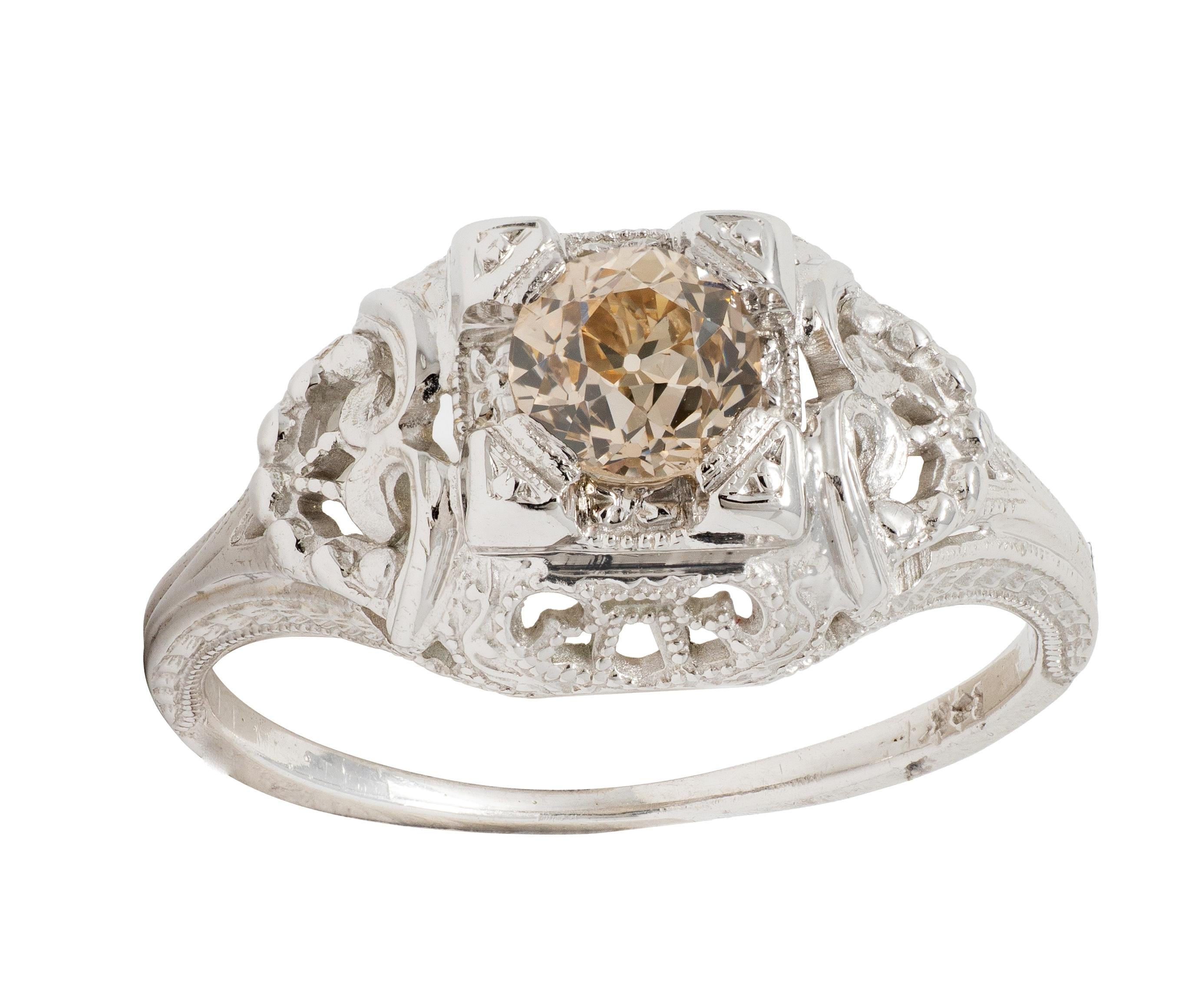 Art Deco 0.42 CTW Fancy Brown-Yellow Diamond 18K Gold Vintage Engagement Ring