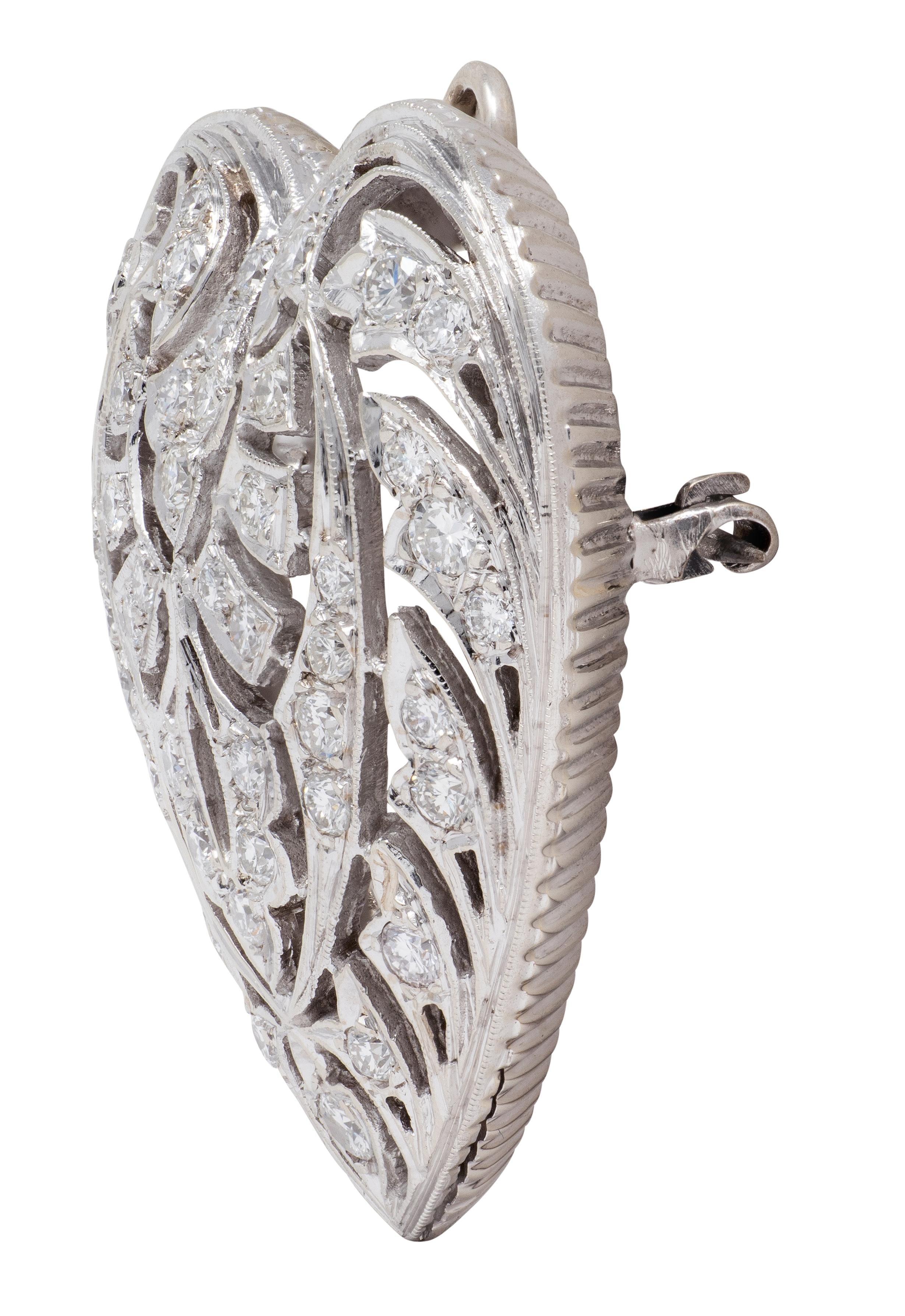 Mid-Century 1.85 CTW Diamond 14 Karat White Gold Vintage Heart Pendant Brooch