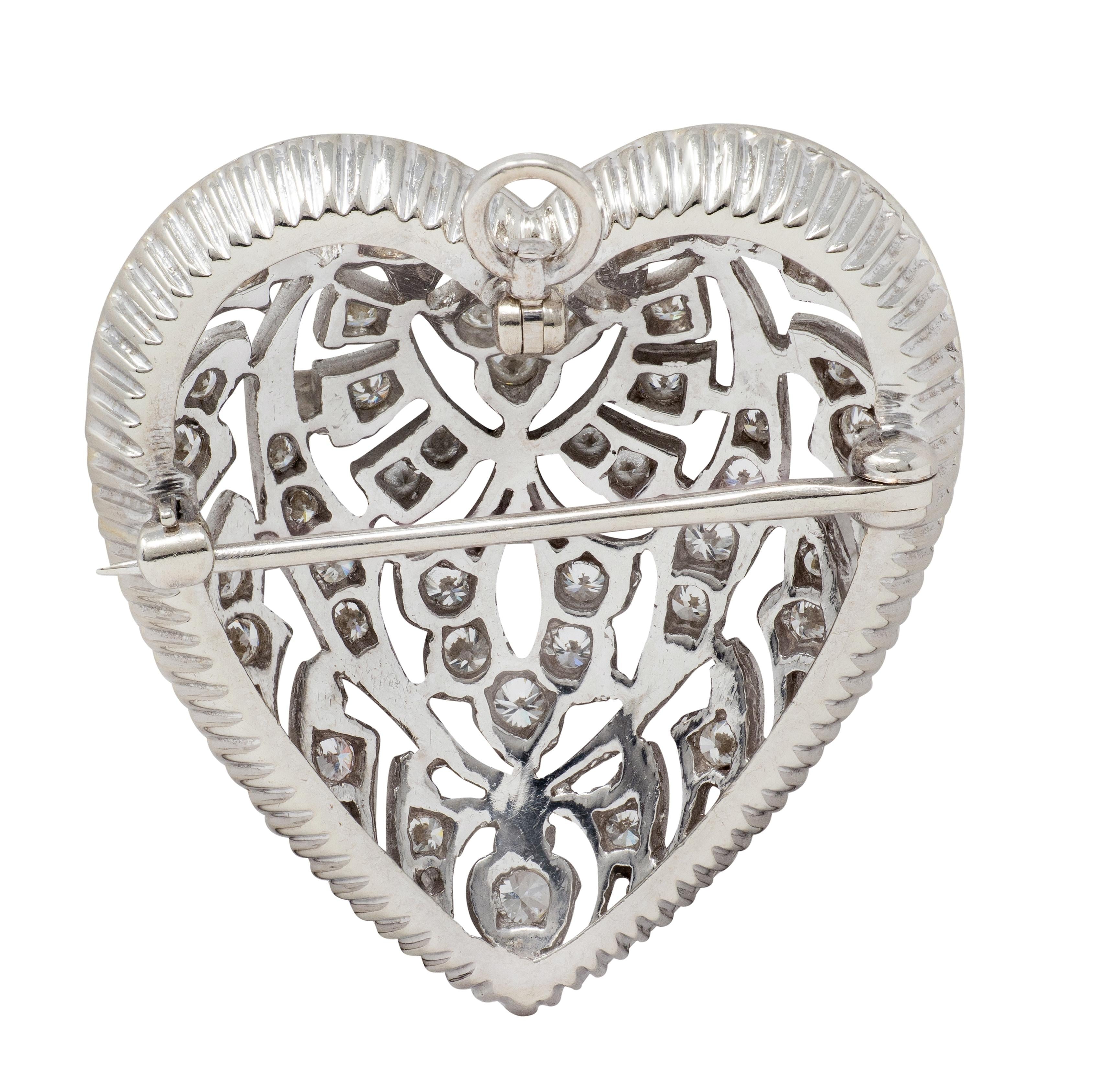 Mid-Century 1.85 CTW Diamond 14 Karat White Gold Vintage Heart Pendant Brooch