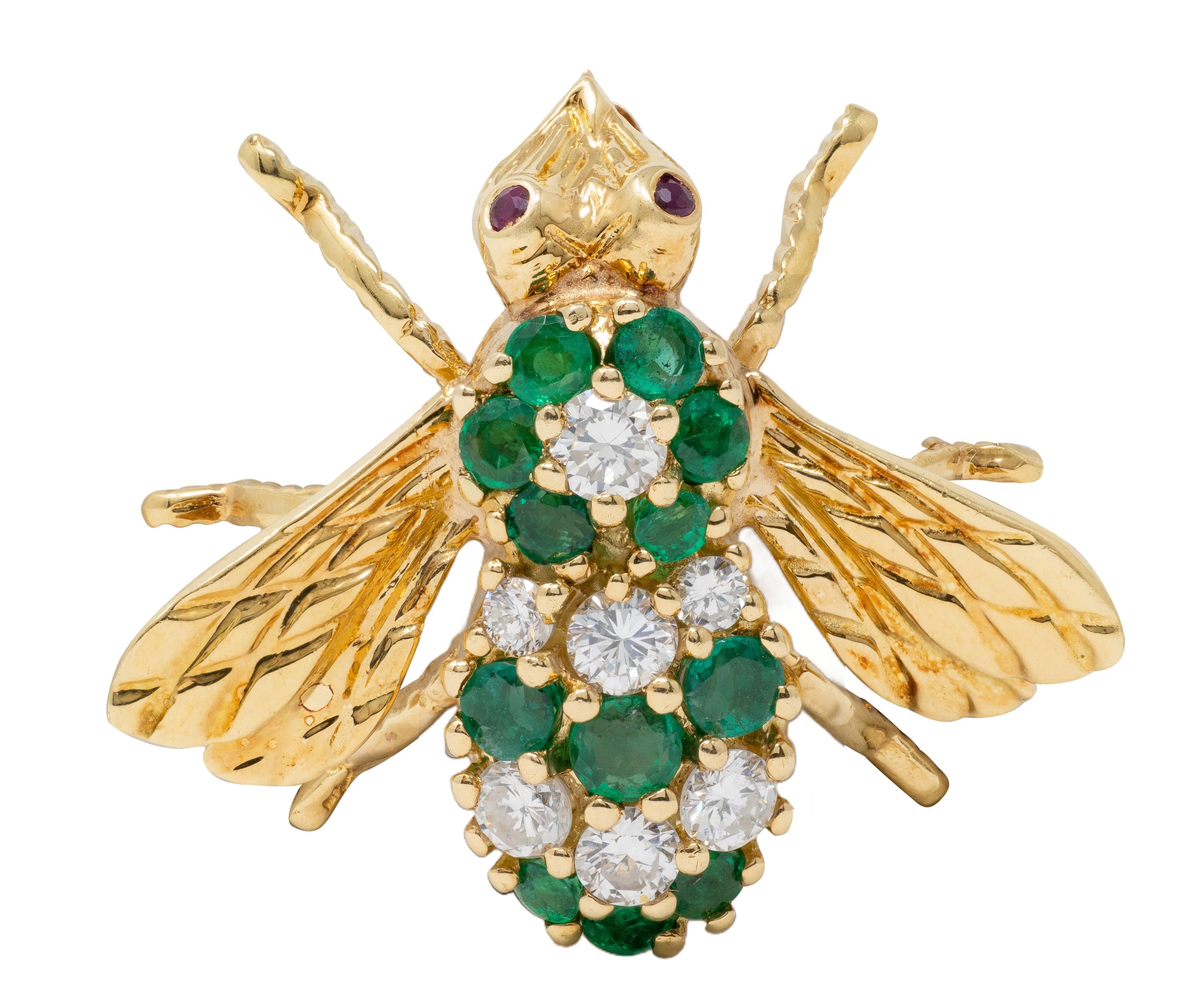Rosenthal Diamond Emerald Ruby 18K Yellow Gold Vintage Bee Brooch